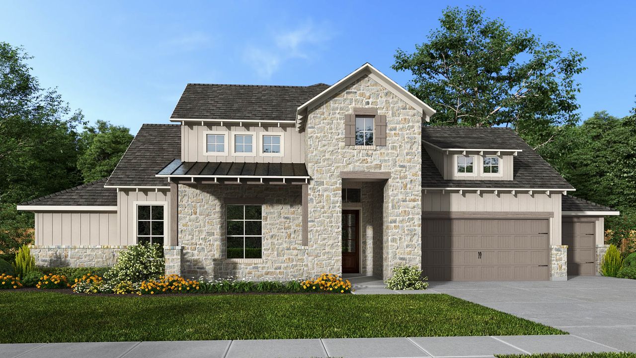 Representative exterior photo of a completed home built from the 3497B by Perry Homes in Fulshear Lakes 80', Fulshear, TX (Image 2).