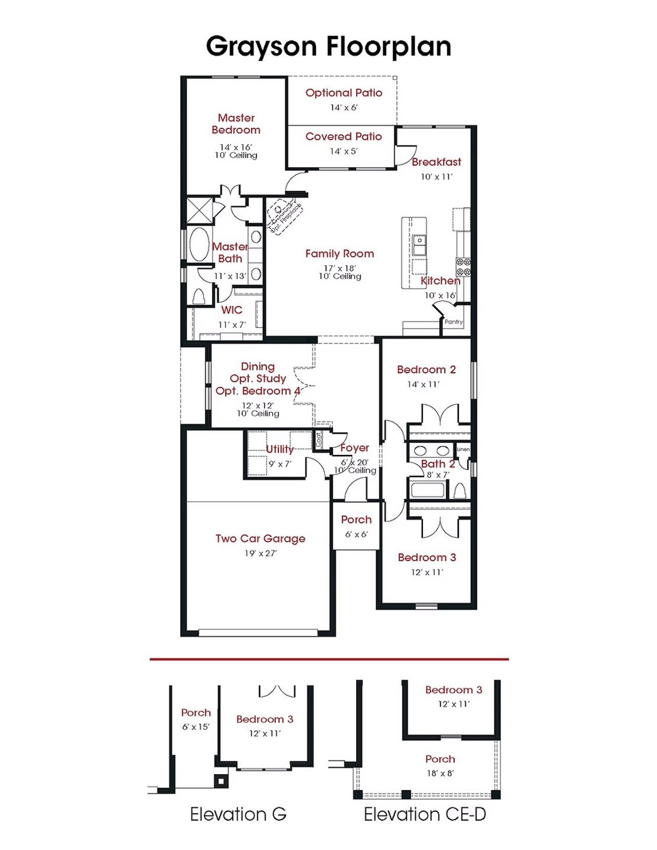 2D floor plan layout for the Grayson by Kendall Homes in Rose Hill Estates, Willis, TX (Image 2).