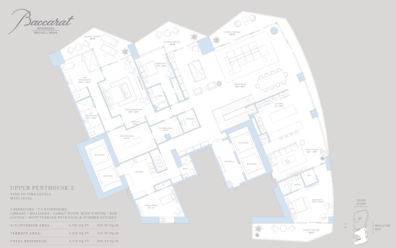2D floor plan layout for the Upper penthouse 2 by Related Group in Baccarat Residences Miami, Miami, FL (Image 2).