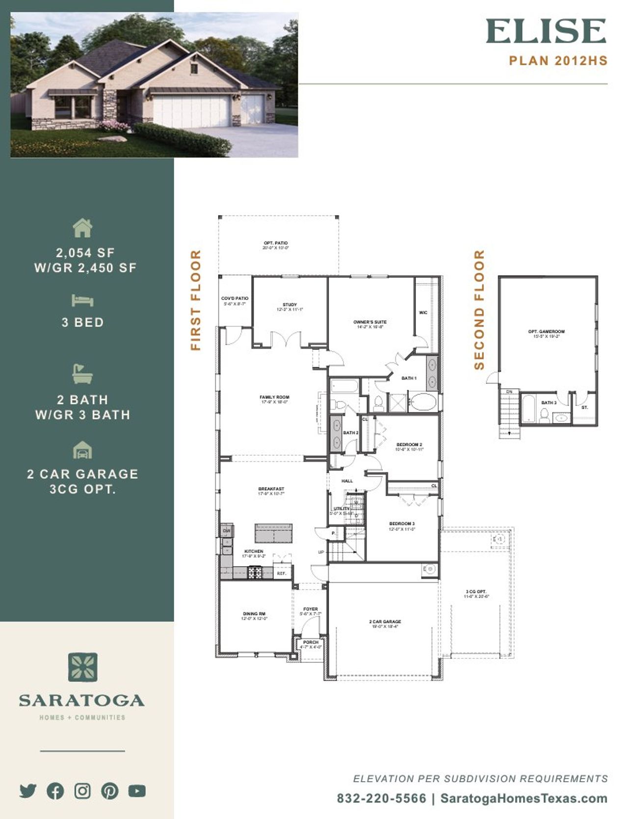 2D floor plan layout for the Elise 2012HS by Saratoga Homes in Ashland, Angleton, TX (Image 2).