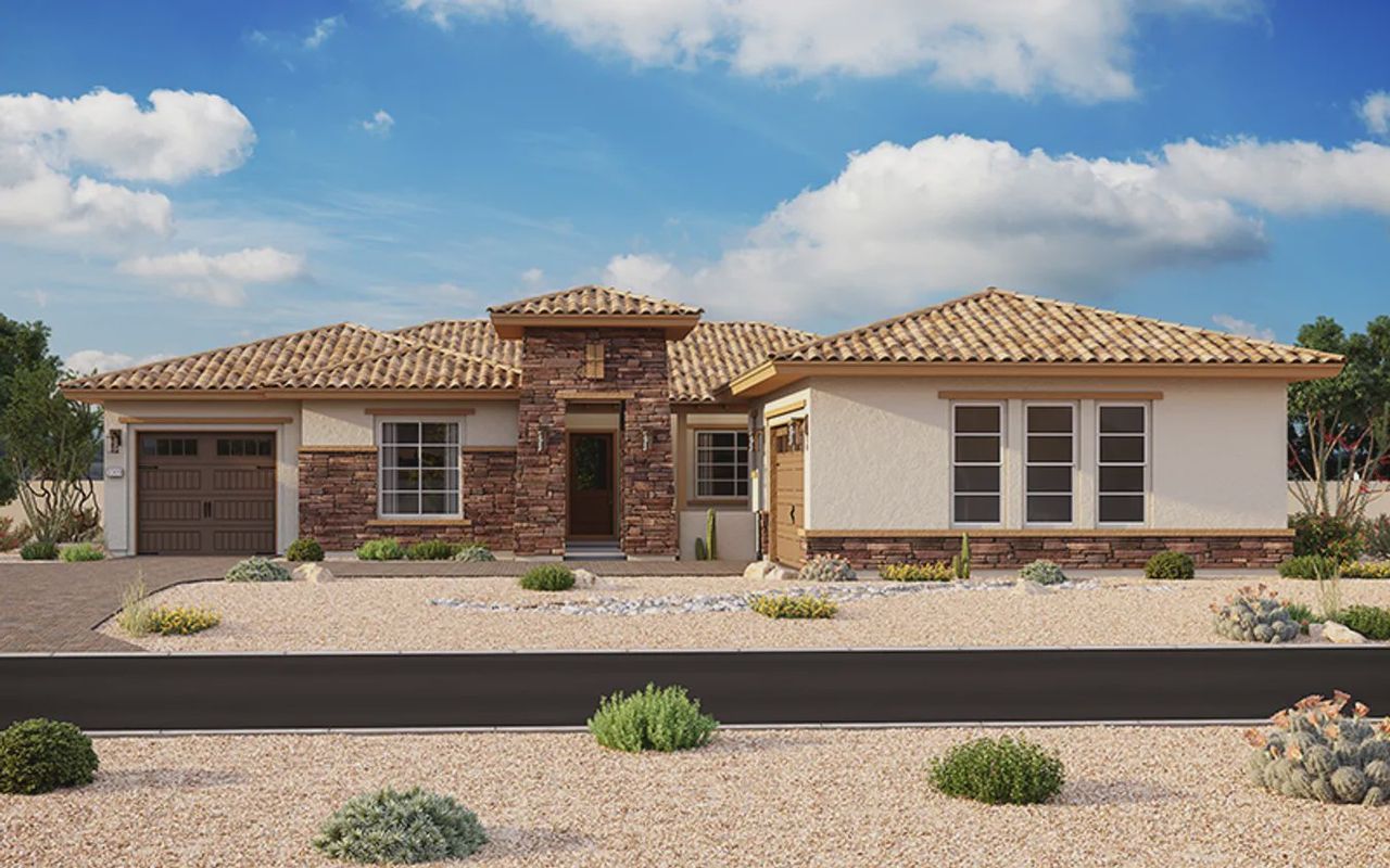 Front exterior of a new home in Bellero Estates, Queen Creek, AZ, highlighting curb appeal (Image 2).