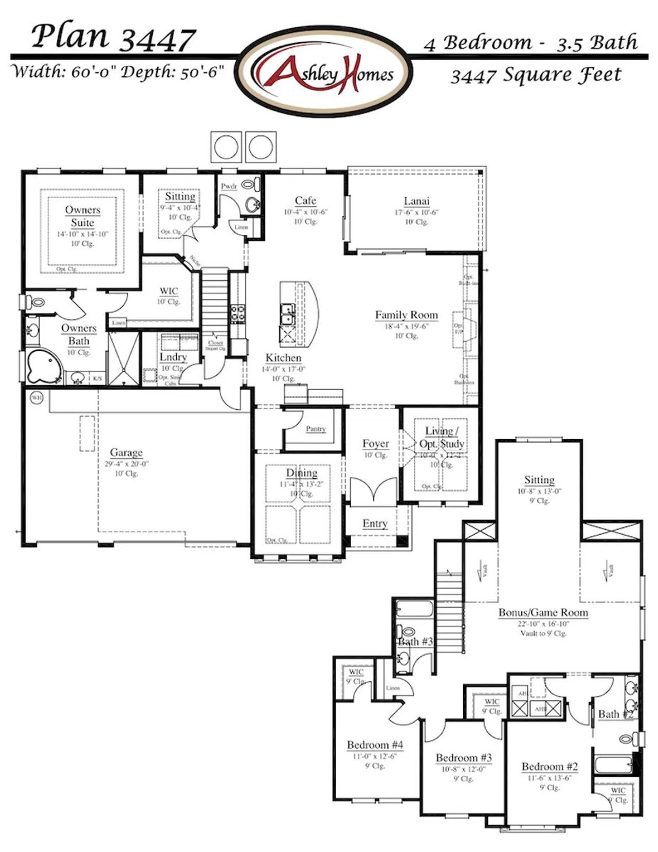 2D floor plan layout for the Plan 3447 by Ashley Homes, LLC in Courtney Oaks in SilverLeaf, St. Augustine, FL (Image 2).