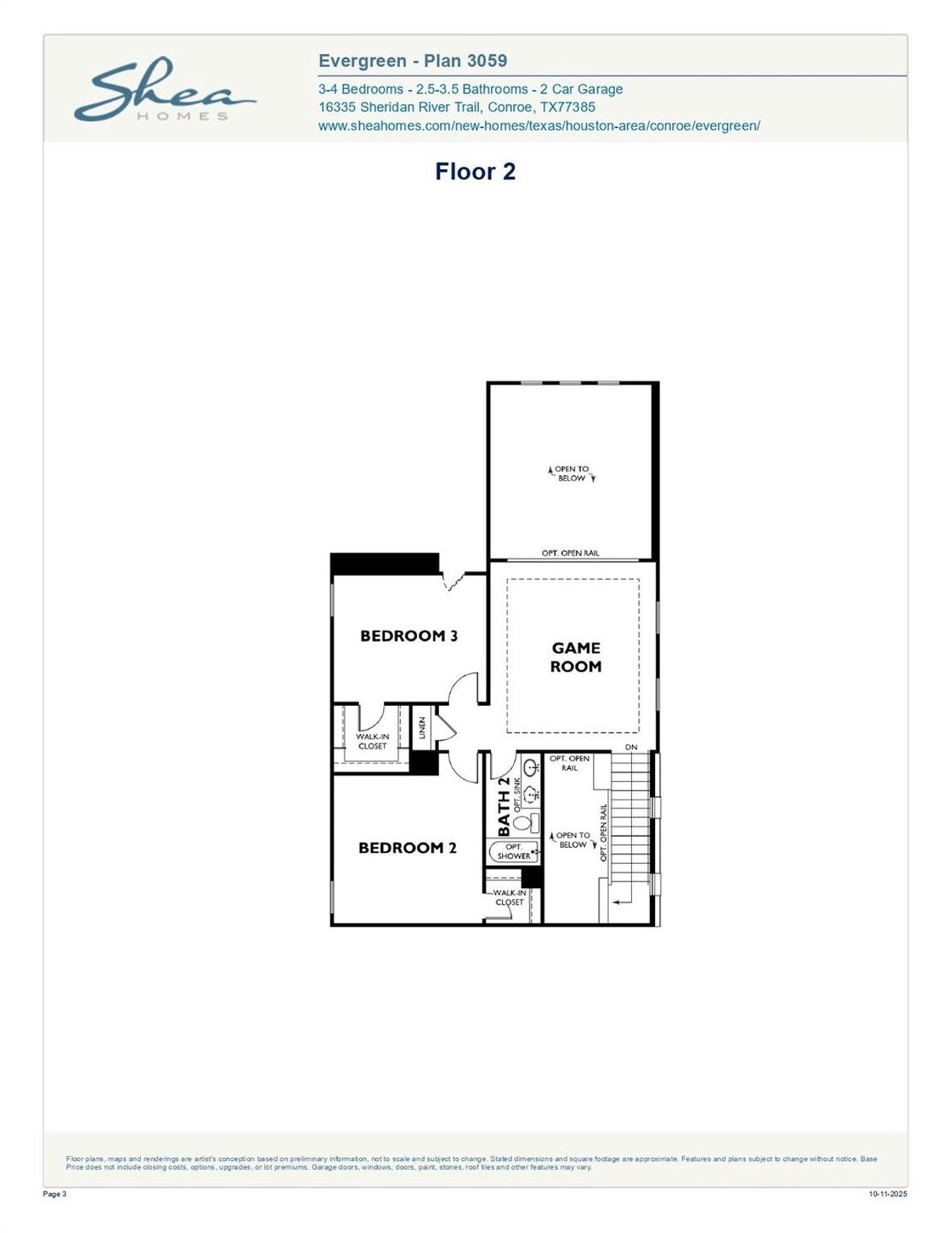 2D floor plan layout of this home in Evergreen 40', Conroe, TX (Image 2).
