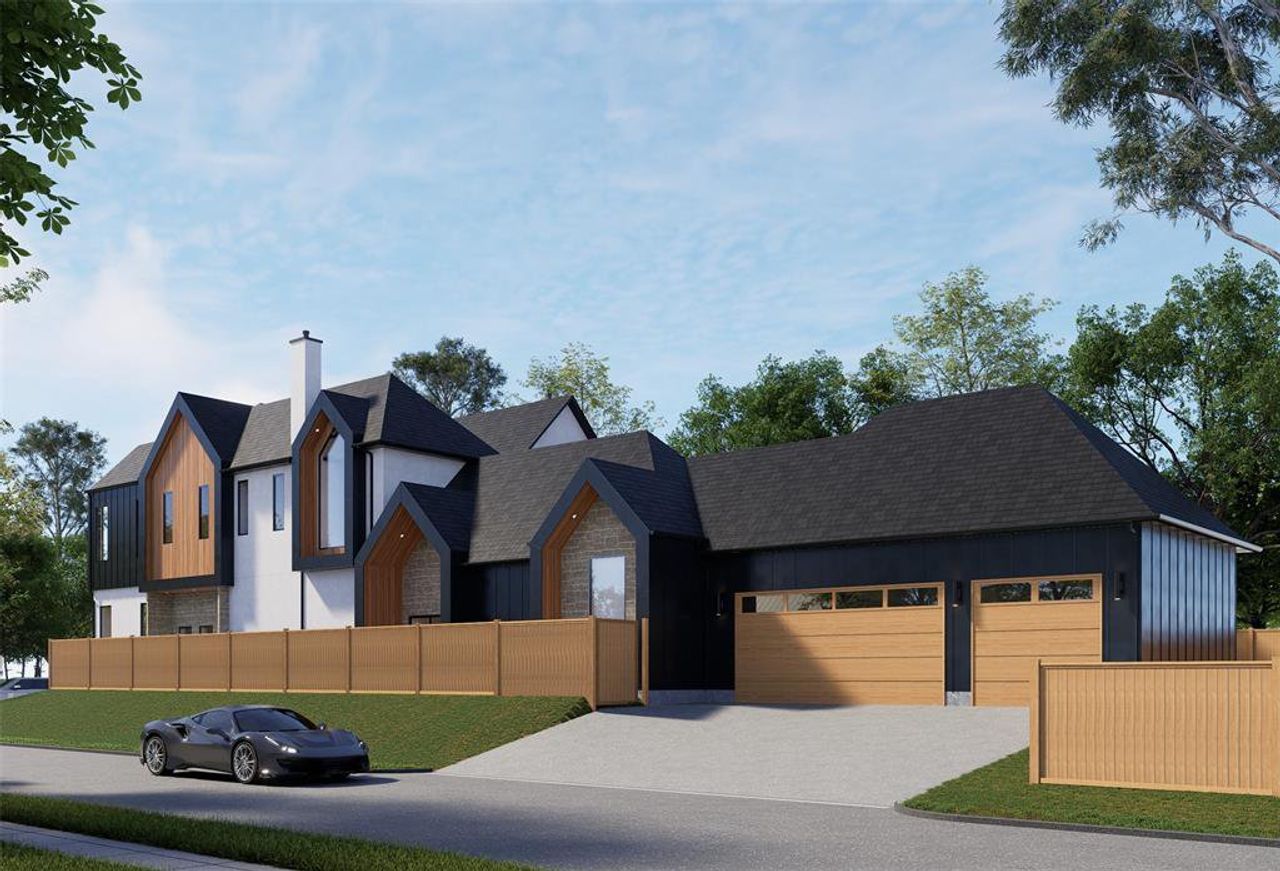 Contemporary architectural design featuring a multi-textured facade with wood-finish siding, white stucco, and dark vertical siding