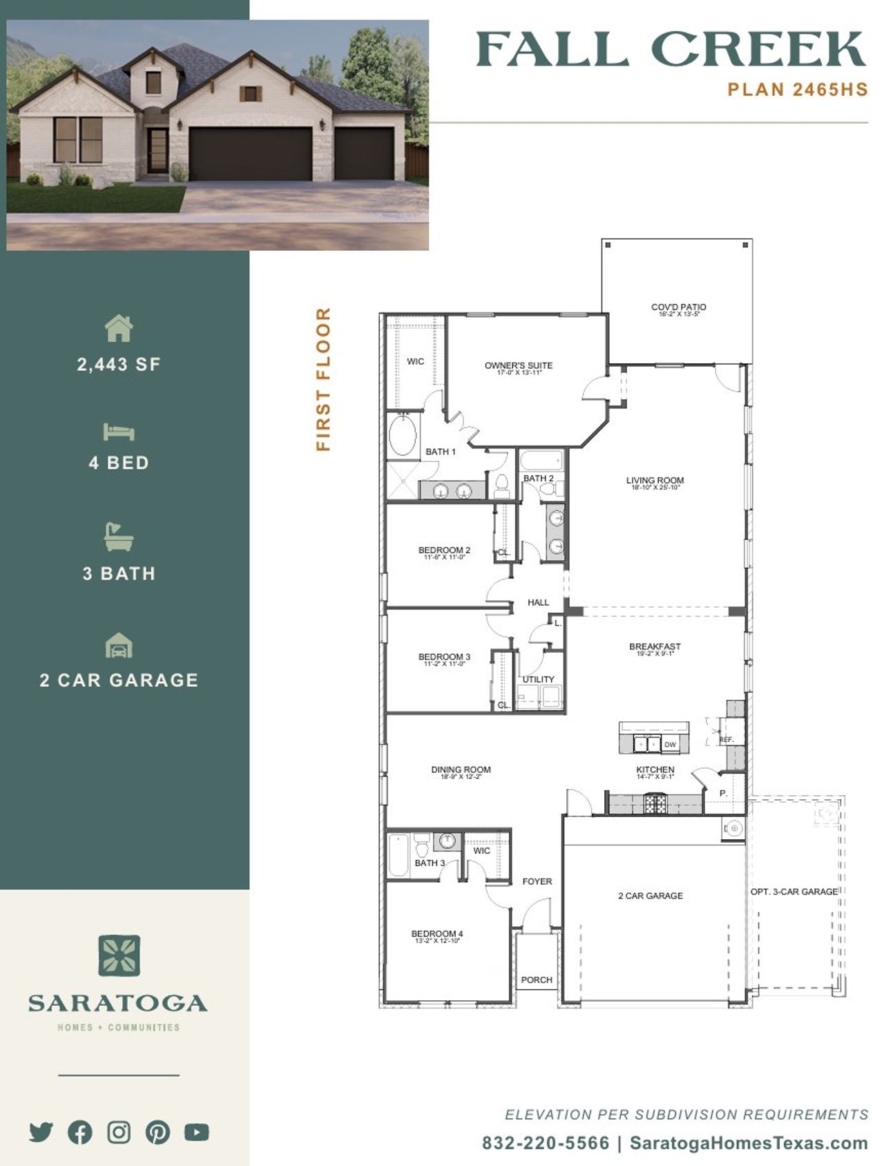 2D floor plan layout for the 2465HS3CG Fallcreek by Saratoga Homes in Ashland, Angleton, TX (Image 2).