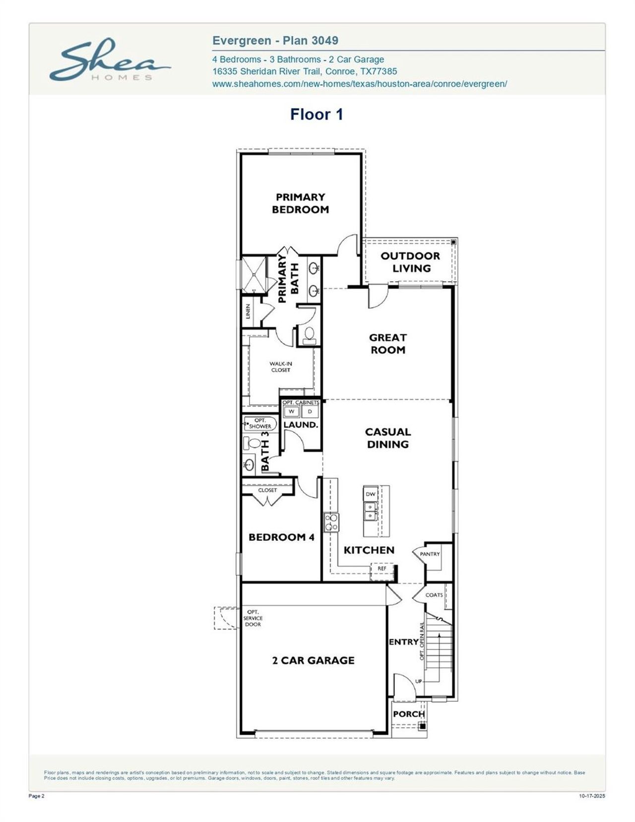 2D floor plan layout of this home in Evergreen 40', Conroe, TX (Image 2).