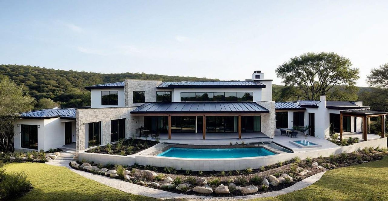 Back of house with a patio, a standing seam roof, an outdoor pool, and a lawn