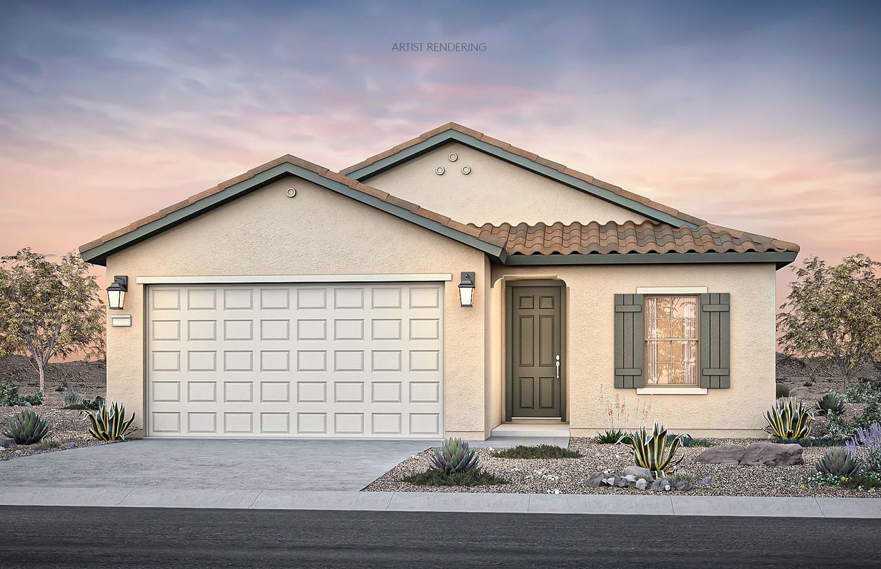 Front exterior of a new home in Hayden Estates, Buckeye, AZ, highlighting curb appeal (Image 2). Front exterior of a new home in Hayden Estates, Buckeye, AZ, highlighting curb appeal (Image 2).
