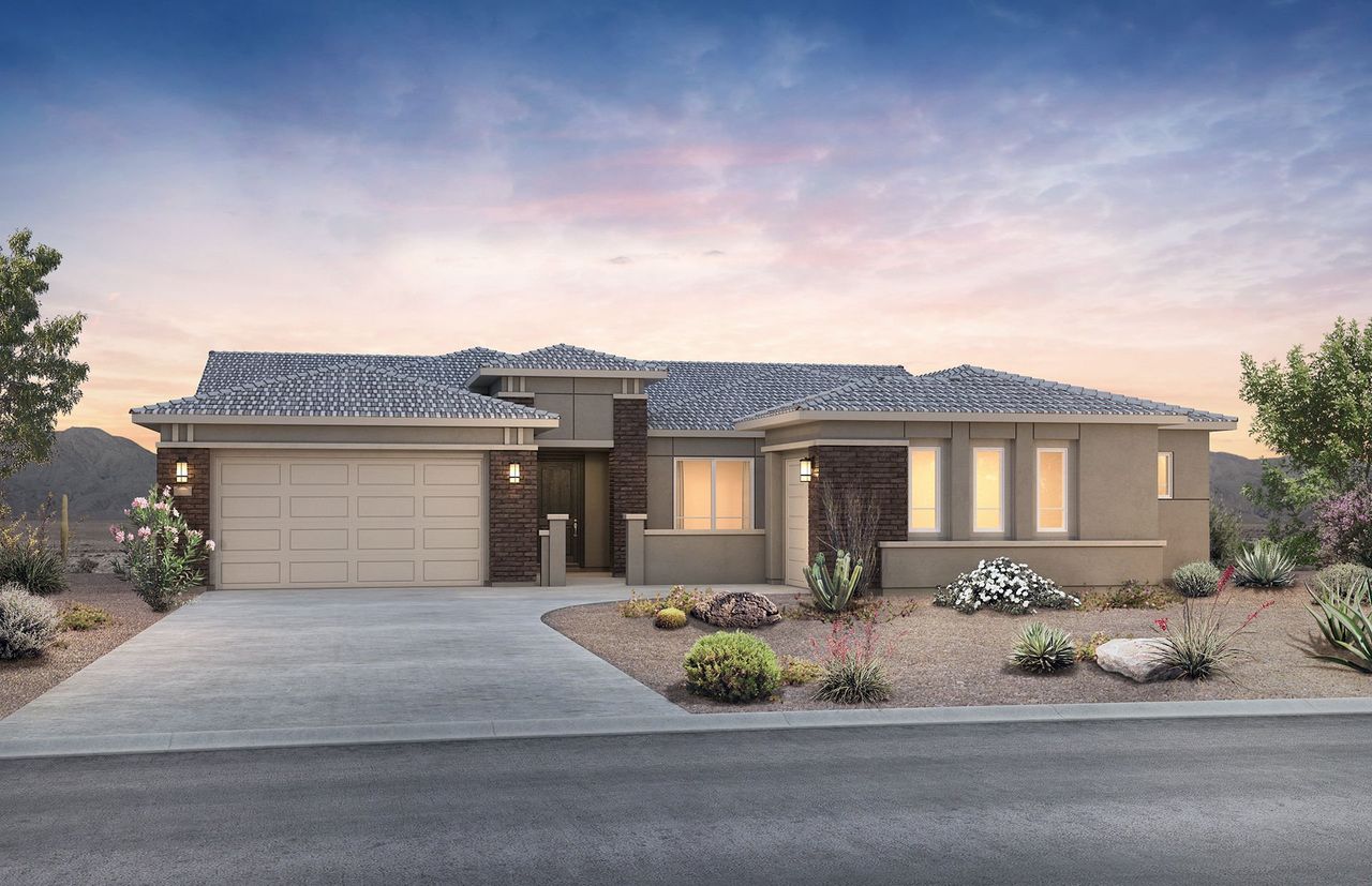 Front exterior of a new home in Harvest - Enchantment Series, Queen Creek, AZ, highlighting curb appeal (Image 2). Front exterior of a new home in Harvest - Enchantment Series, Queen Creek, AZ, highlighting curb appeal (Image 2).