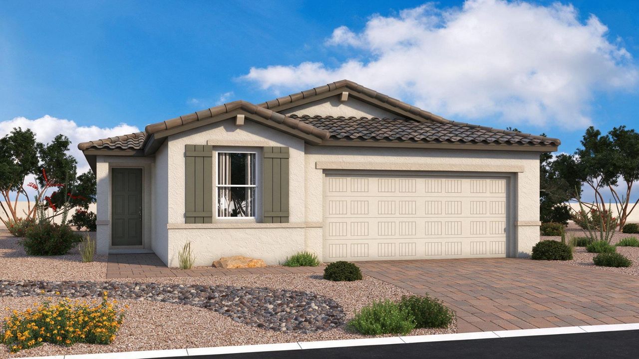 Prescott Elevation B at Magma Ranch features Tucson-inspired design and desert landscaping in Florence, Arizona by DRB Homes.
