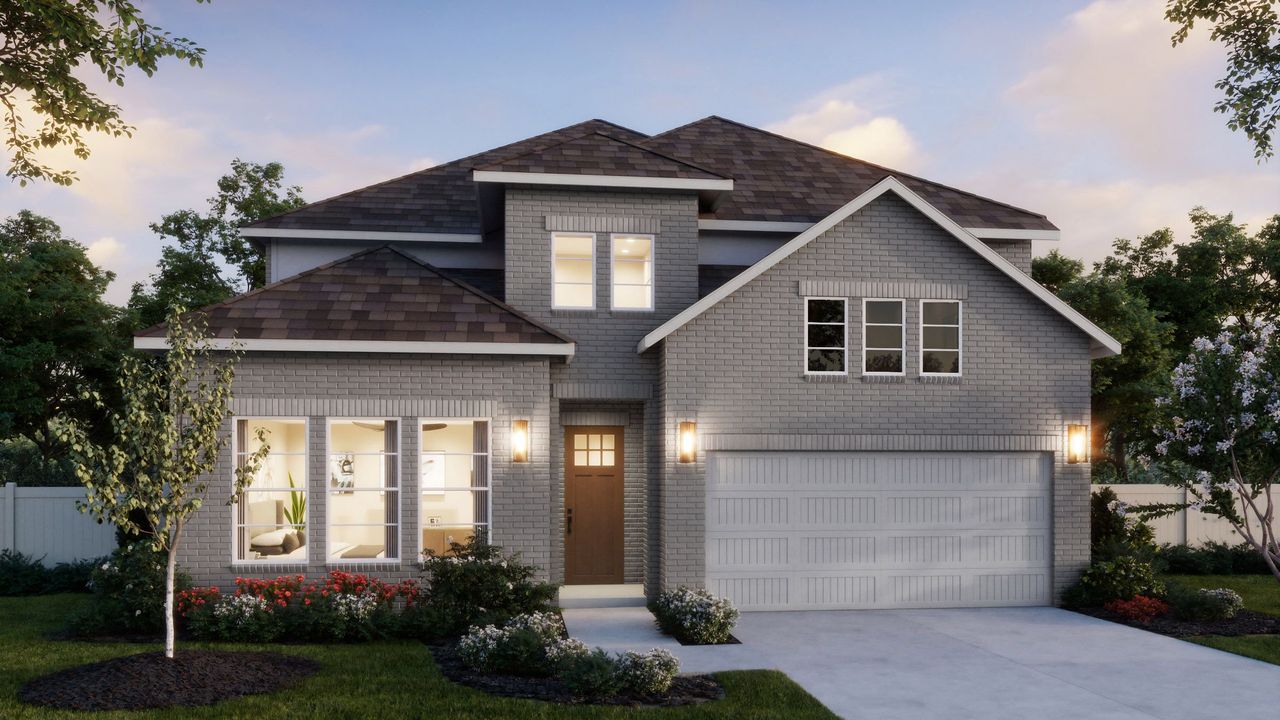 Representative exterior photo of a completed home built from the Percy by Normandy Homes in Painted Tree - Woodland West, McKinney, TX (Image 2). Representative exterior photo of a completed home built from the Percy by Normandy Homes in Painted Tree - Woodland West, McKinney, TX (Image 2).