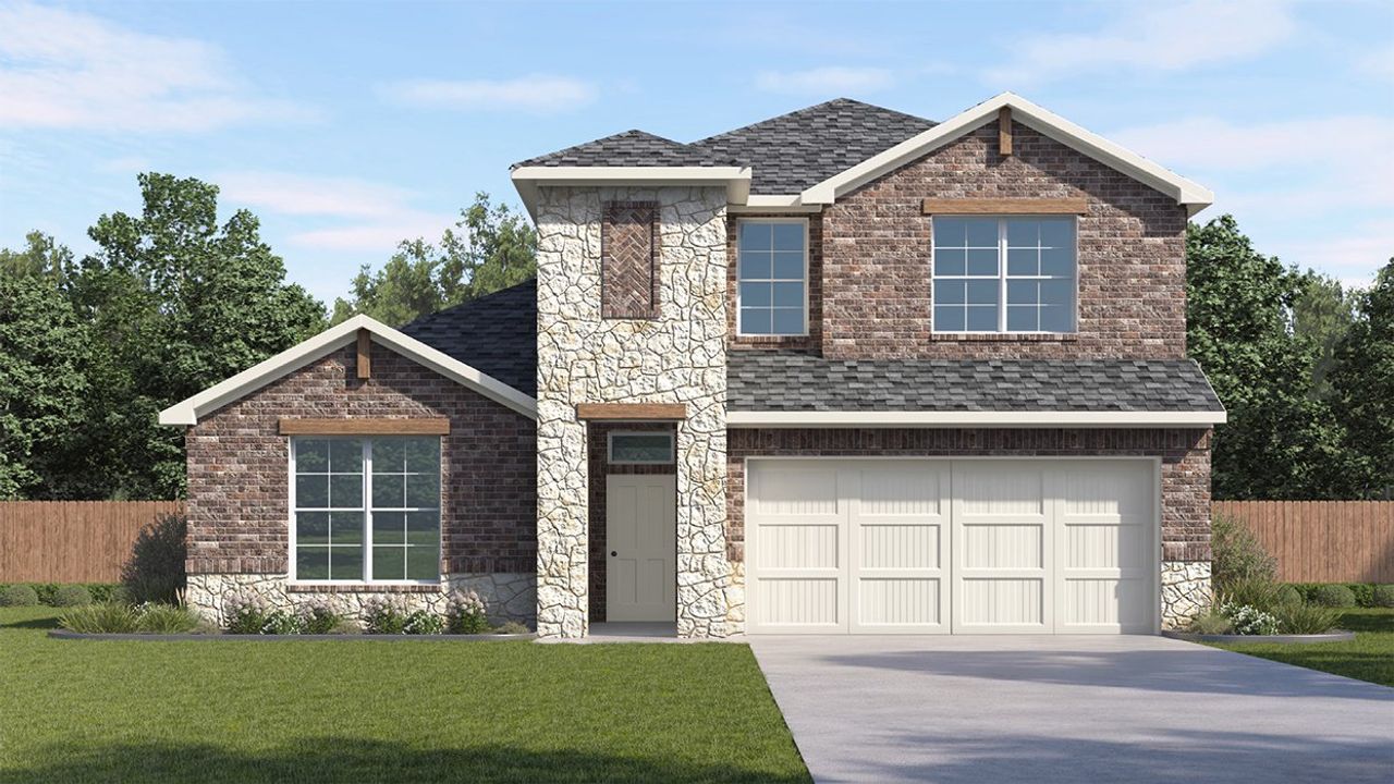 Representative exterior photo of a completed home built from the Rosebud by D.R. Horton in Morning Ridge, Princeton, TX (Image 2). Representative exterior photo of a completed home built from the Rosebud by D.R. Horton in Morning Ridge, Princeton, TX (Image 2).