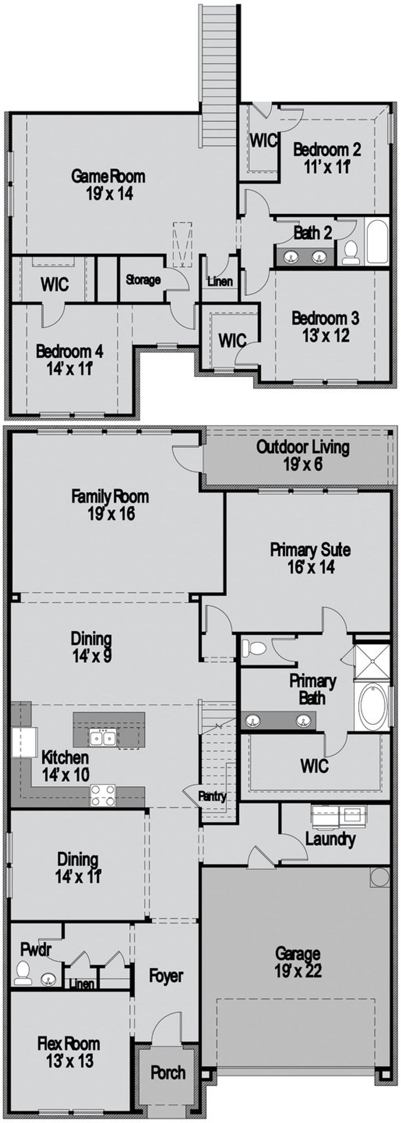 2D floor plan layout for the Trinity Executive by UnionMain Homes in Legacy Hills, Celina, TX (Image 2). 2D floor plan layout for the Trinity Executive by UnionMain Homes in Legacy Hills, Celina, TX (Image 2).