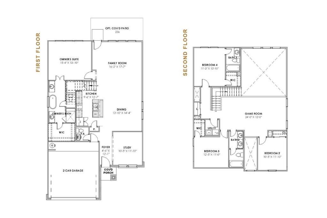 The Christina floor plan offers a balanced two-story layout with a spacious first-floor owner’s suite, an open family room and kitchen, dining area, and dedicated study. The second floor features three additional bedrooms, two full bathrooms, a large game room, and convenient upstairs utility. Smart design elements prioritize flow, comfort, and flexibility for modern living.