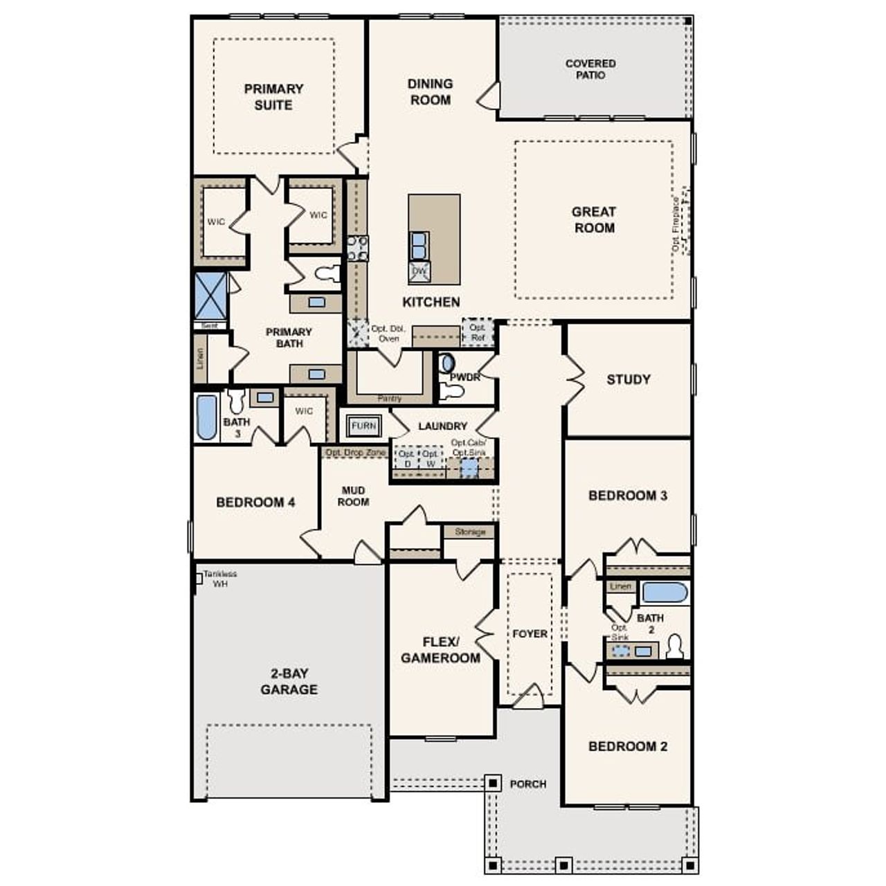 2D floor plan layout of this home in Grand Oaks, Mont Belvieu, TX (Image 2).