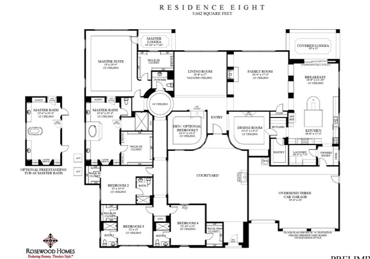 2D floor plan layout for the Residence Eight by Rosewood Homes(Arizona) in Rosewood Highlands at Storyrock, Scottsdale, AZ (Image 2).