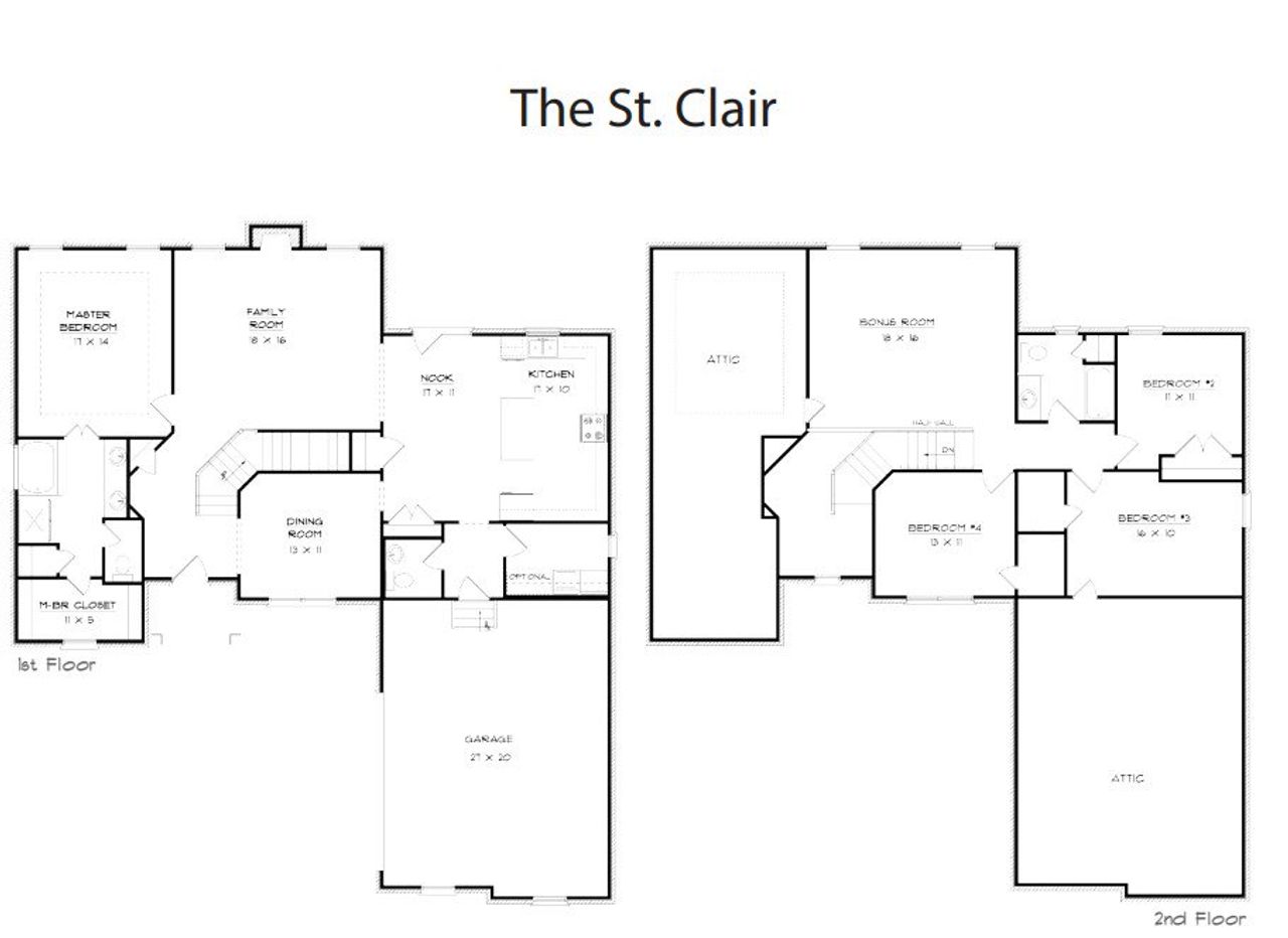 2D floor plan layout for the St. Clair I by Southeastern Building Corporation in Westfield Manor Homes, Gallatin, TN (Image 2).