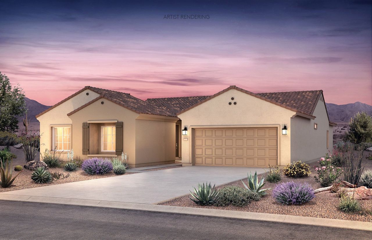 Front exterior of a new home in Parkside at Anthem at Merrill Ranch, Florence, AZ, highlighting curb appeal (Image 2). Front exterior of a new home in Parkside at Anthem at Merrill Ranch, Florence, AZ, highlighting curb appeal (Image 2).
