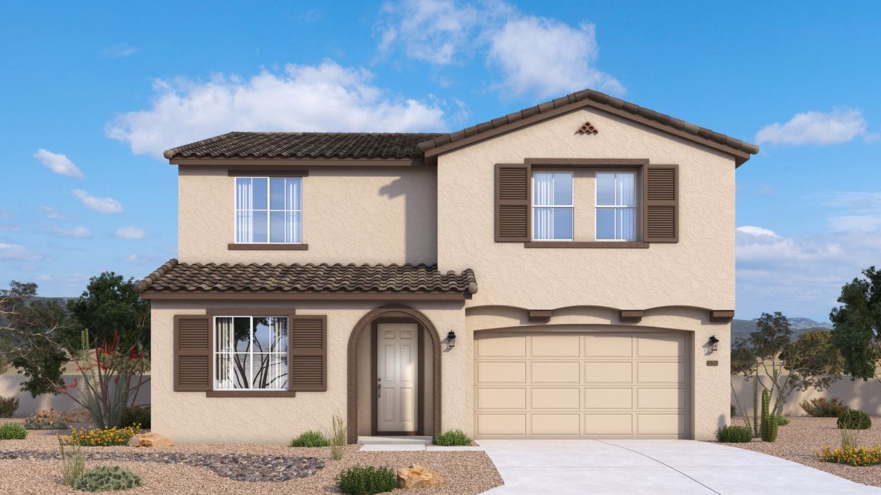 Spanish-style Powell home exterior with warm stucco, arched details and a timeless desert character by DRB Homes in Arizona.