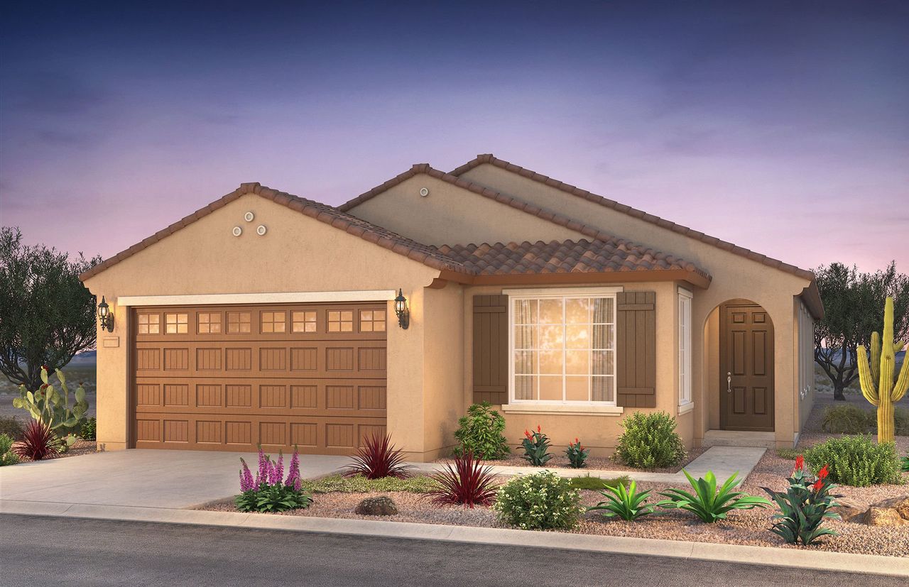 Front exterior of a new home in Aloravita, Peoria, AZ, highlighting curb appeal (Image 2).