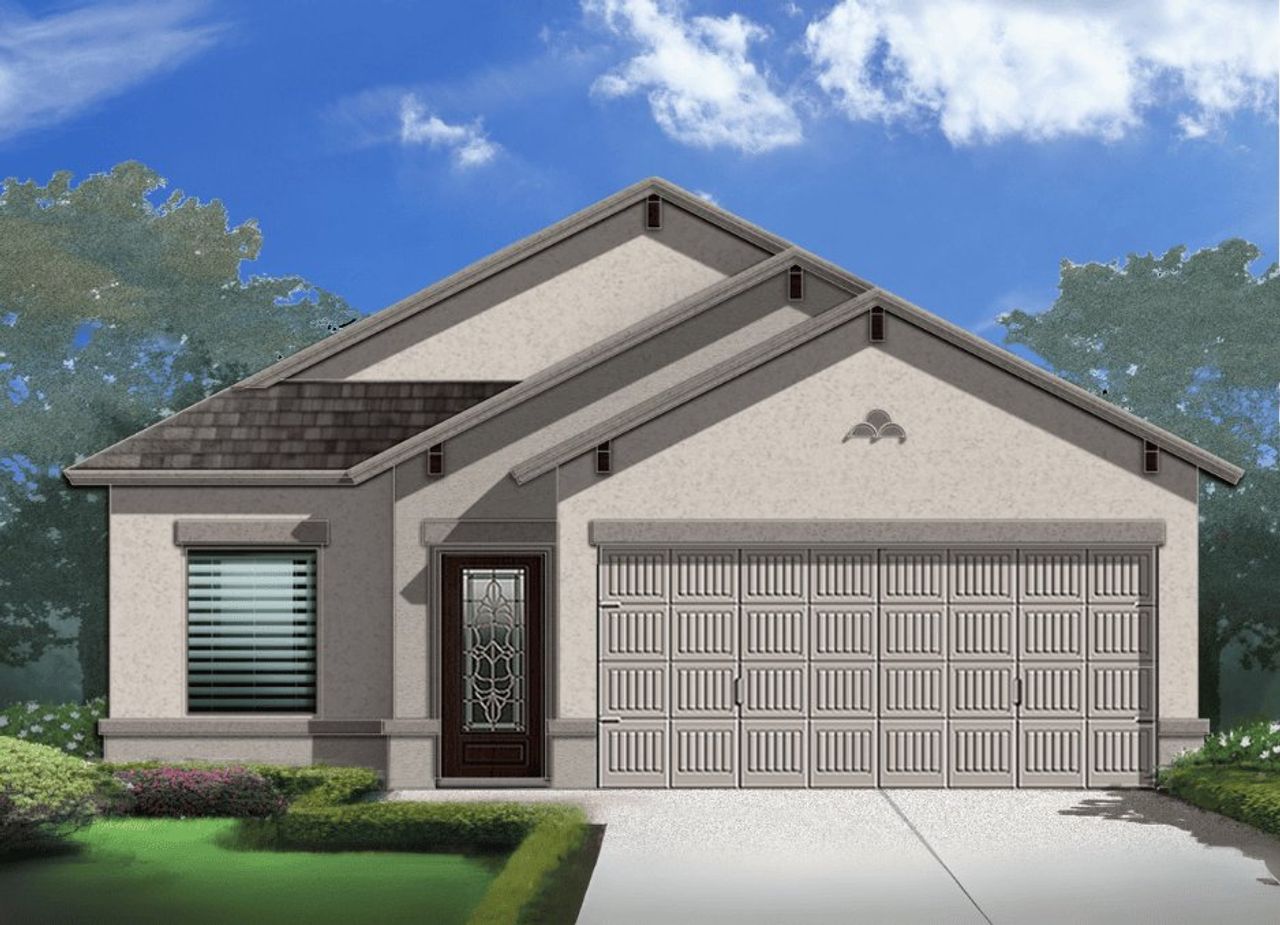 Representative exterior photo of a completed home built from the Thanya 1338 SSC by Saratoga Homes in Crossland, El Paso, TX (Image 2). Representative exterior photo of a completed home built from the Thanya 1338 SSC by Saratoga Homes in Crossland, El Paso, TX (Image 2).