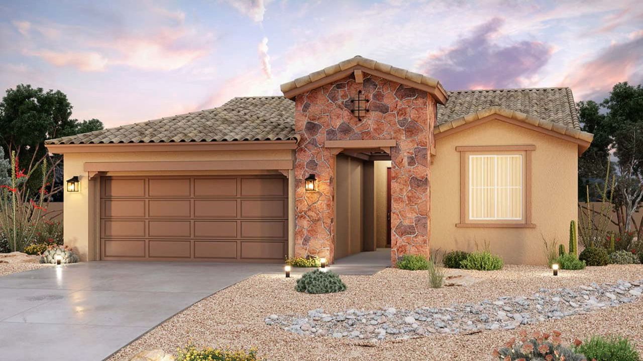 Front exterior of a new home in The Lakes at Rancho El Dorado, Maricopa, AZ, highlighting curb appeal (Image 2).