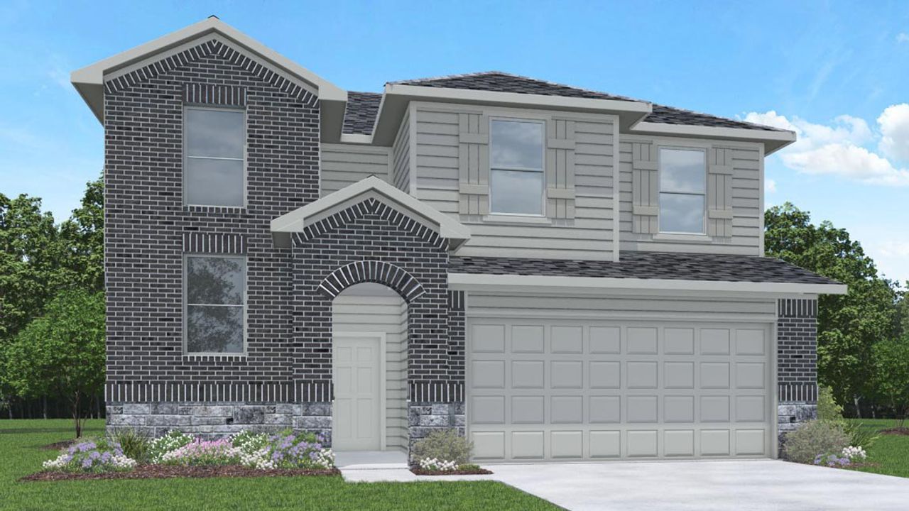 Representative exterior photo of a completed home built from the Pierce by D.R. Horton in Sunterra Lakes, Brookshire, TX (Image 2). Representative exterior photo of a completed home built from the Pierce by D.R. Horton in Sunterra Lakes, Brookshire, TX (Image 2).