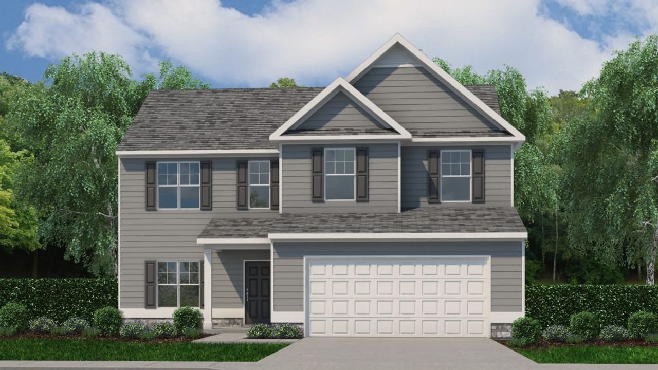 Front exterior of a new home in Falls Creek, Flowery Branch, GA, highlighting curb appeal (Image 2).