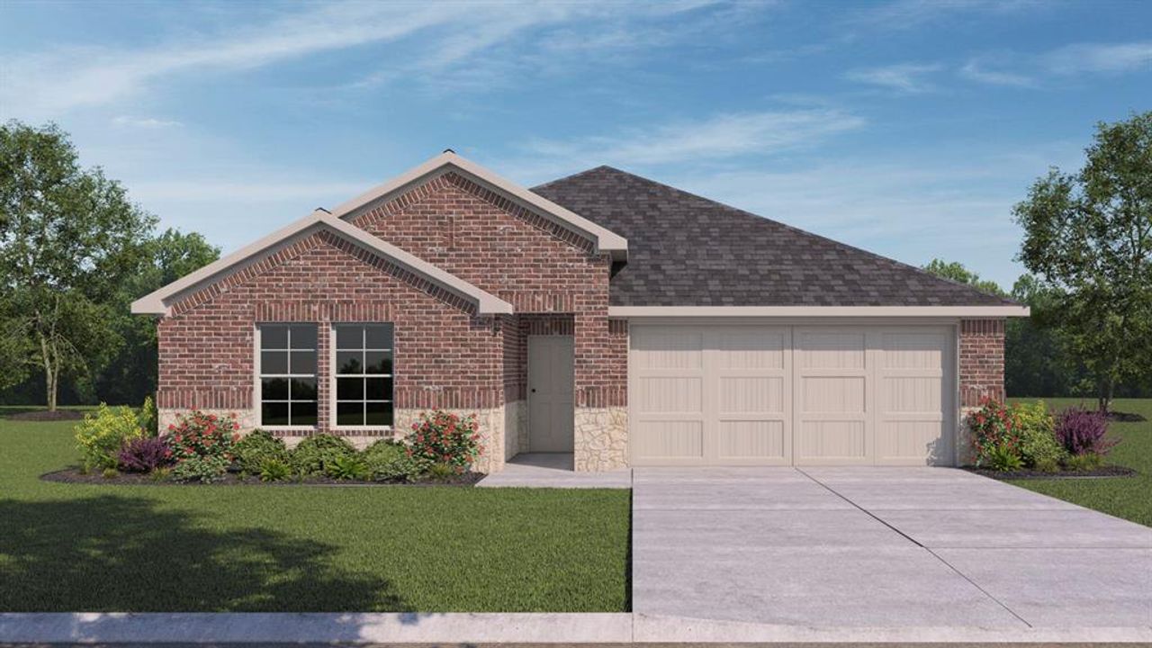 Front exterior of a new home in Woodcreek, Fate, TX, highlighting curb appeal (Image 2). Front exterior of a new home in Woodcreek, Fate, TX, highlighting curb appeal (Image 2).