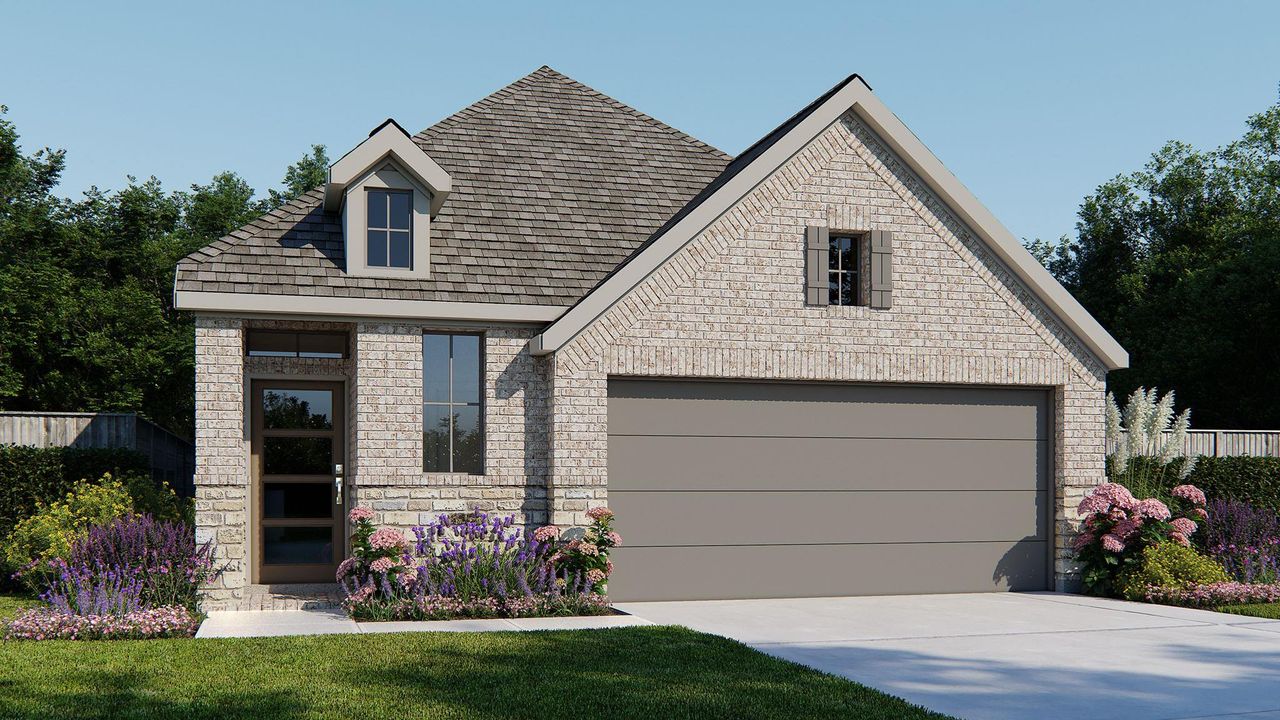 Front exterior of a new home in The Grand Prairie, Hockley, TX, highlighting curb appeal (Image 2). Front exterior of a new home in The Grand Prairie, Hockley, TX, highlighting curb appeal (Image 2).