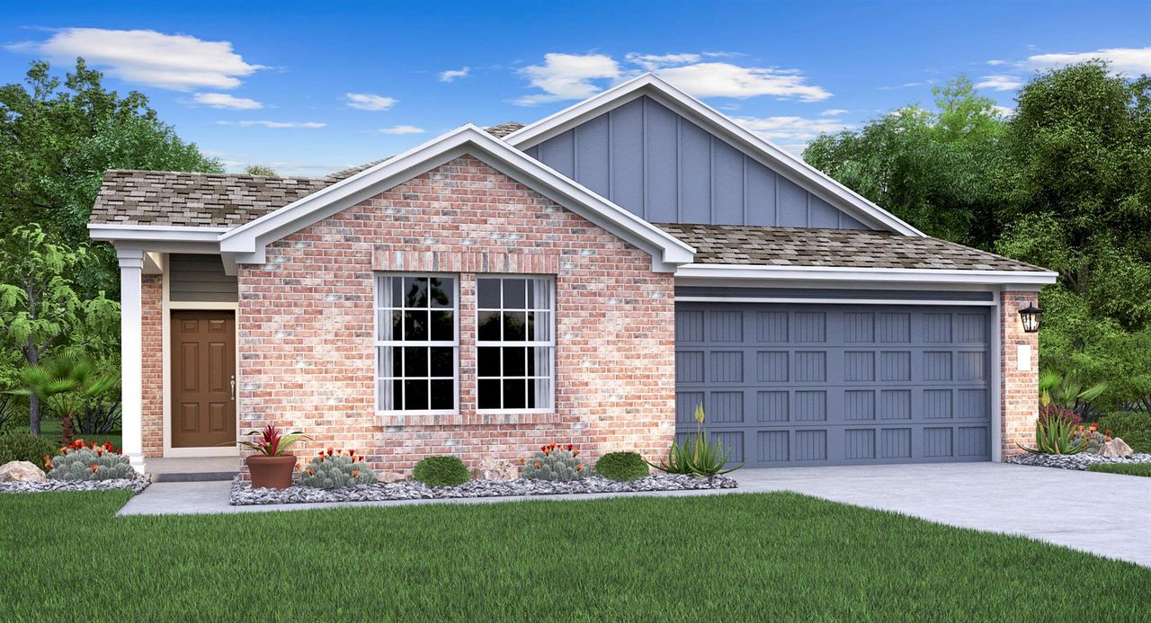 Front exterior of a new home in Plum Creek North: Highlands Collection, Kyle, TX, highlighting curb appeal (Image 2).