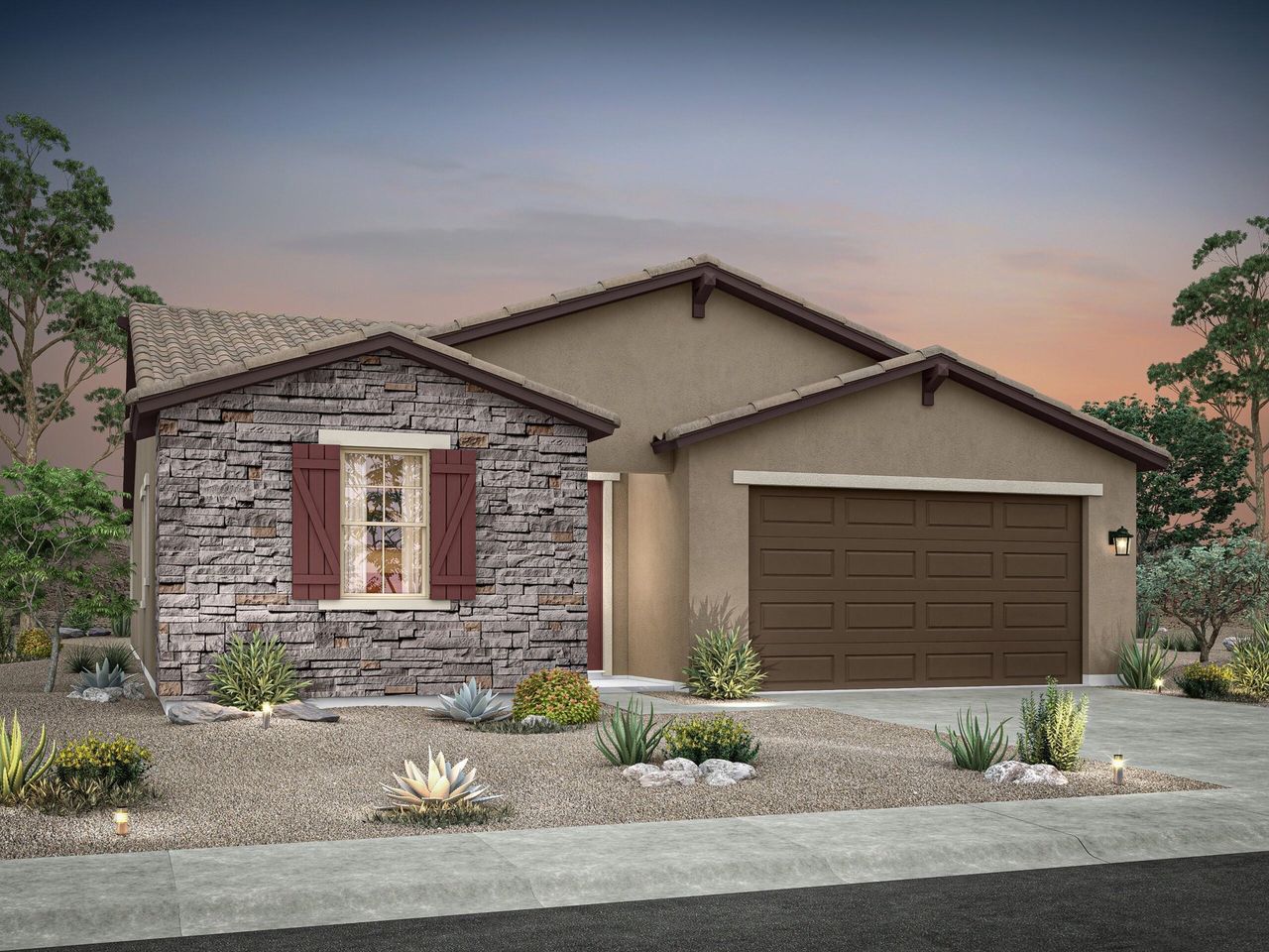 Representative exterior photo of a completed home built from the Flagstaff by William Ryan Homes in Alta Vida at Westpark, Buckeye, AZ (Image 2). Representative exterior photo of a completed home built from the Flagstaff by William Ryan Homes in Alta Vida at Westpark, Buckeye, AZ (Image 2).