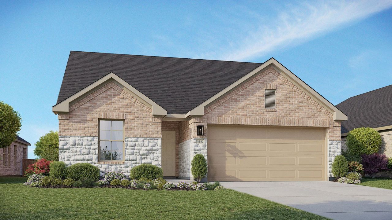 Representative exterior photo of a completed home built from the Bali by DRB Homes in Clear Creek, New Braunfels, TX (Image 2). Representative exterior photo of a completed home built from the Bali by DRB Homes in Clear Creek, New Braunfels, TX (Image 2).