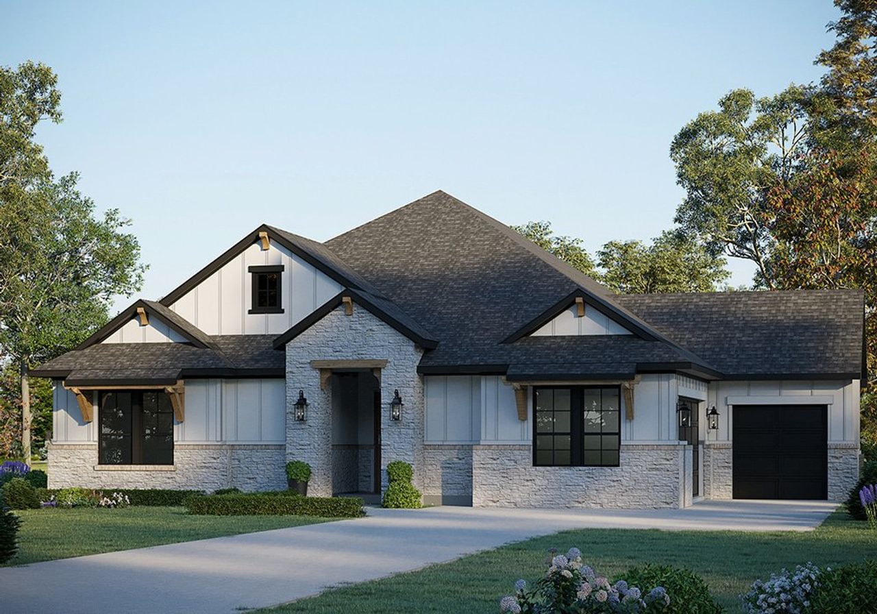 Representative exterior photo of a completed home built from the Lincoln 5130 by GFO Home in Cotten Creek, Azle, TX (Image 2). Representative exterior photo of a completed home built from the Lincoln 5130 by GFO Home in Cotten Creek, Azle, TX (Image 2).