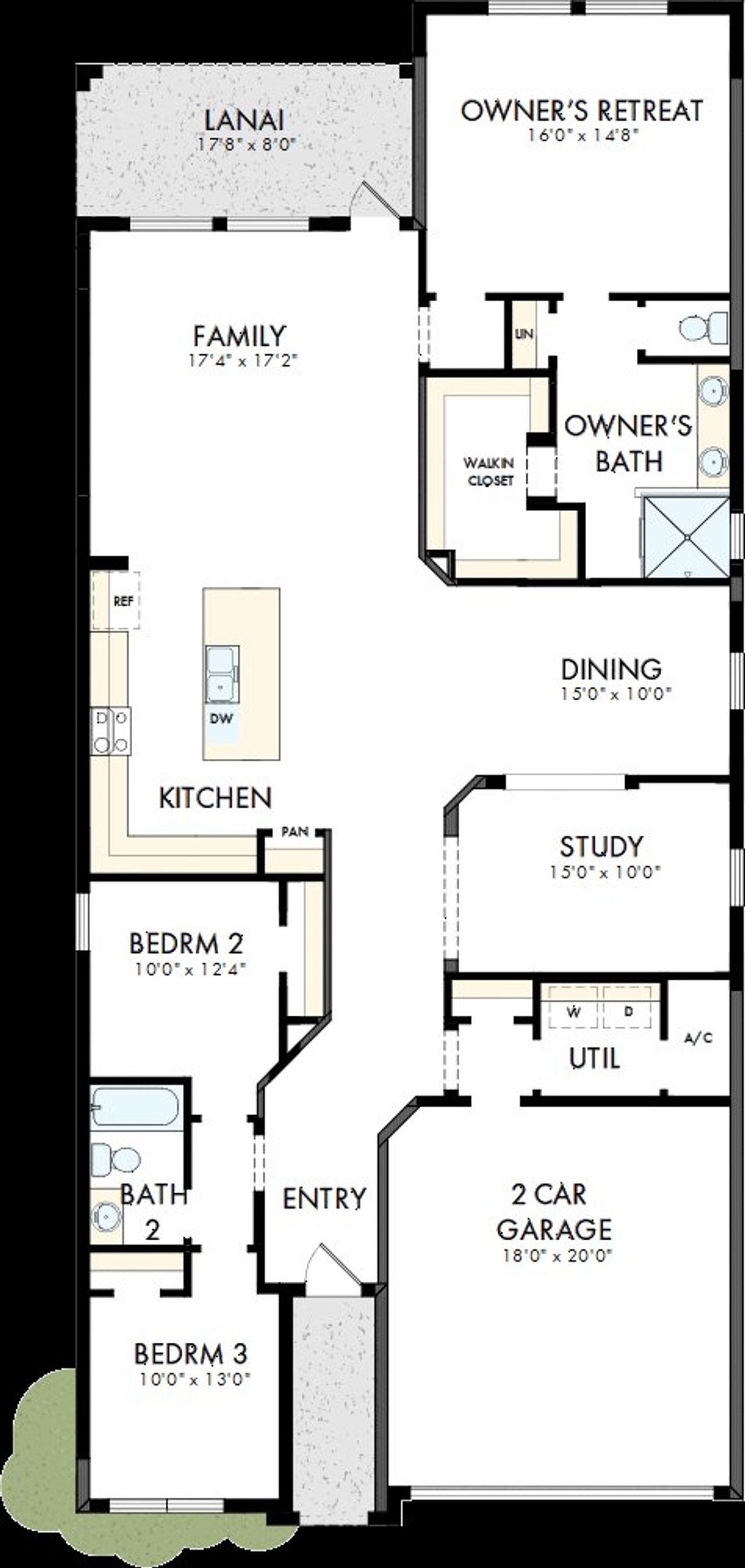 2D floor plan layout of this home in Oakfield at Mount Dora Cottage Series, Mount Dora, FL (Image 2).