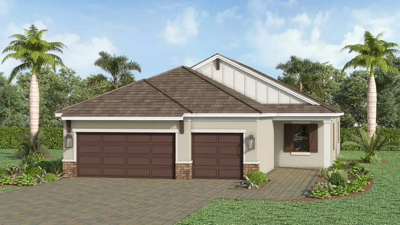 Front exterior of a new home in Kingston South Real Estate and Homes for Sale in Estero, FL - Neal Communities, Estero, FL, highlighting curb appeal (Image 2).