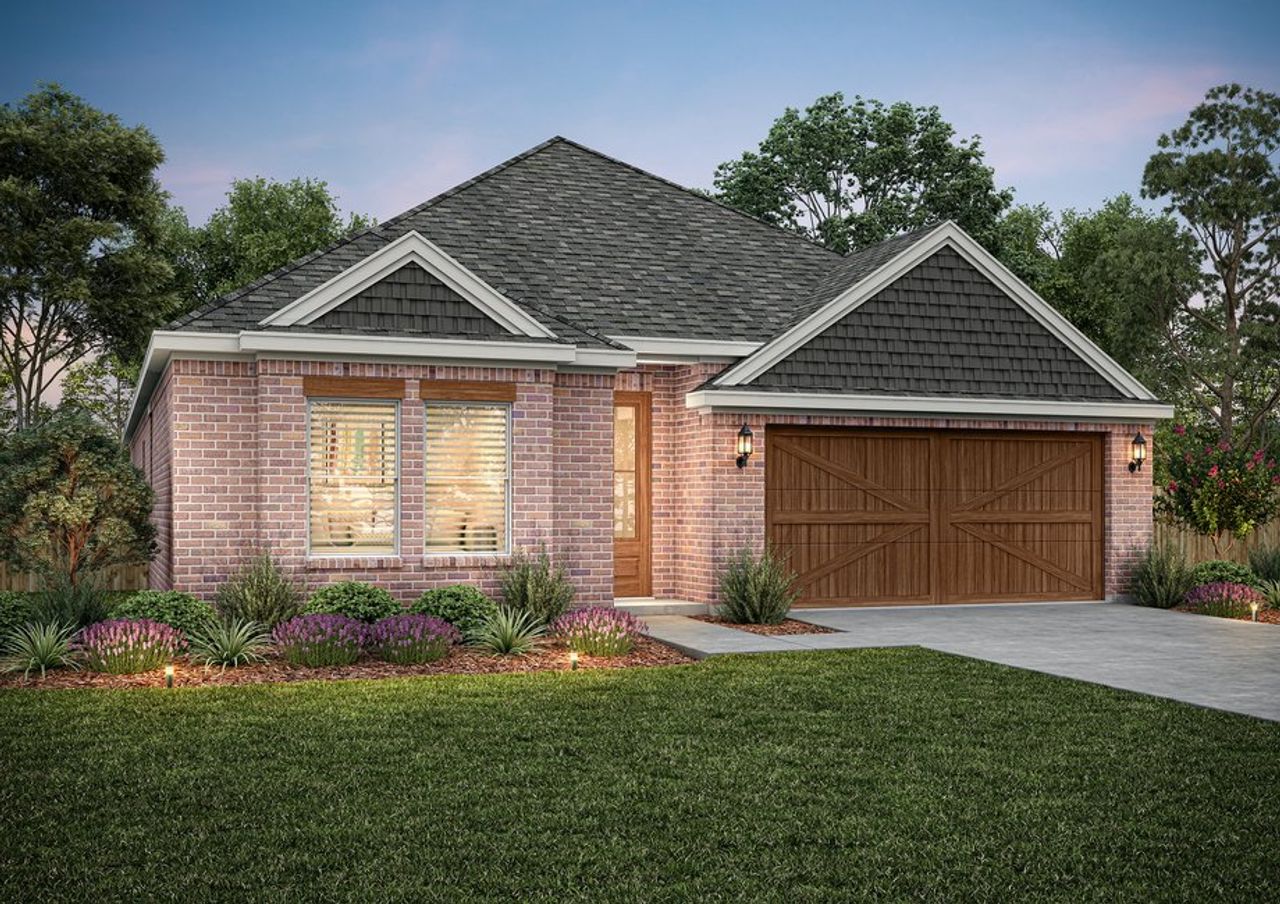 The Ontario is a beautiful one-story home with a brick exterior and siding details.