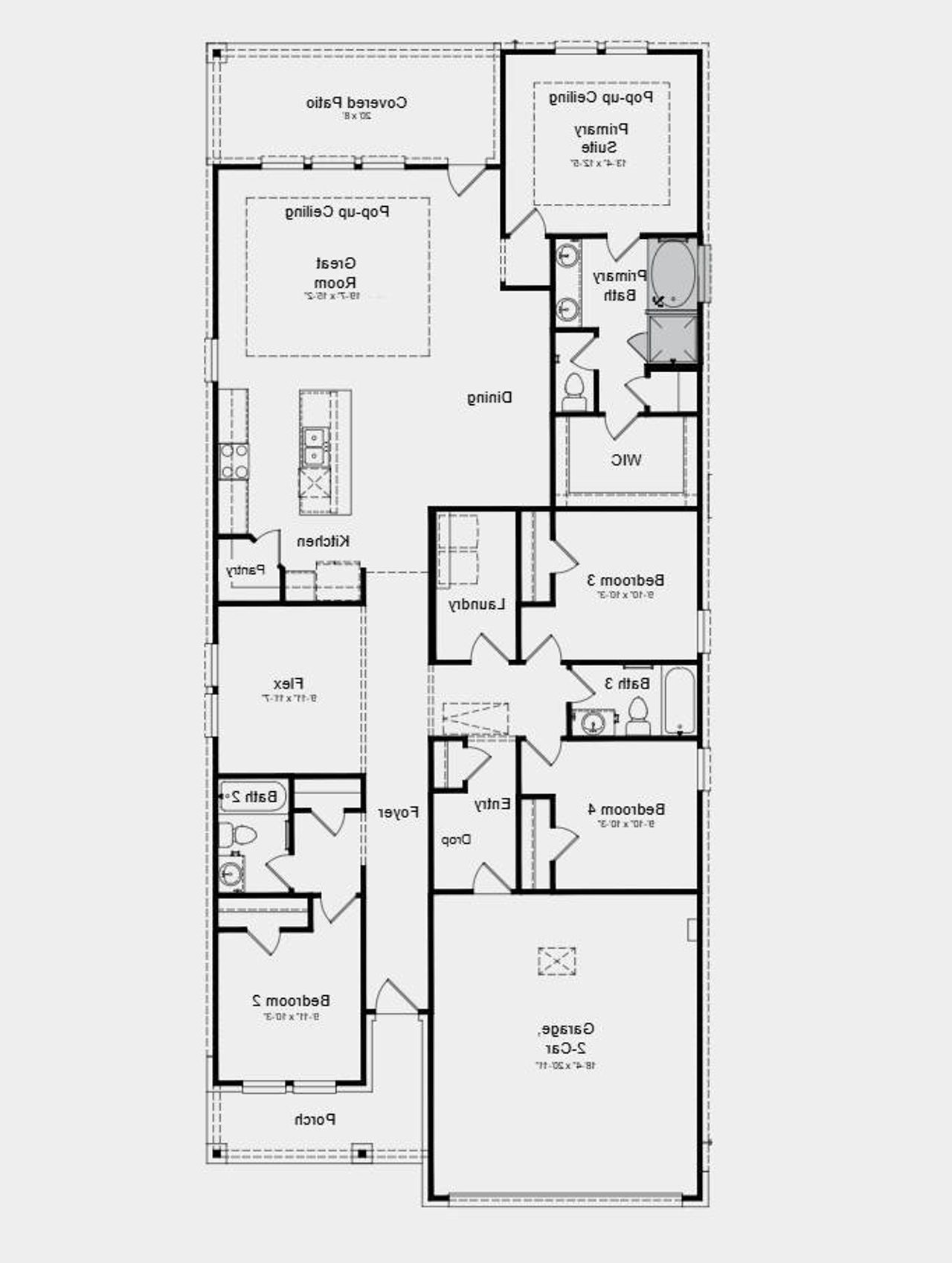 Floor Plan - Additional Highlights Include: a shower in bathroom 2, a slide-in tub in the primary bathroom, and a gas line at the covered back patio