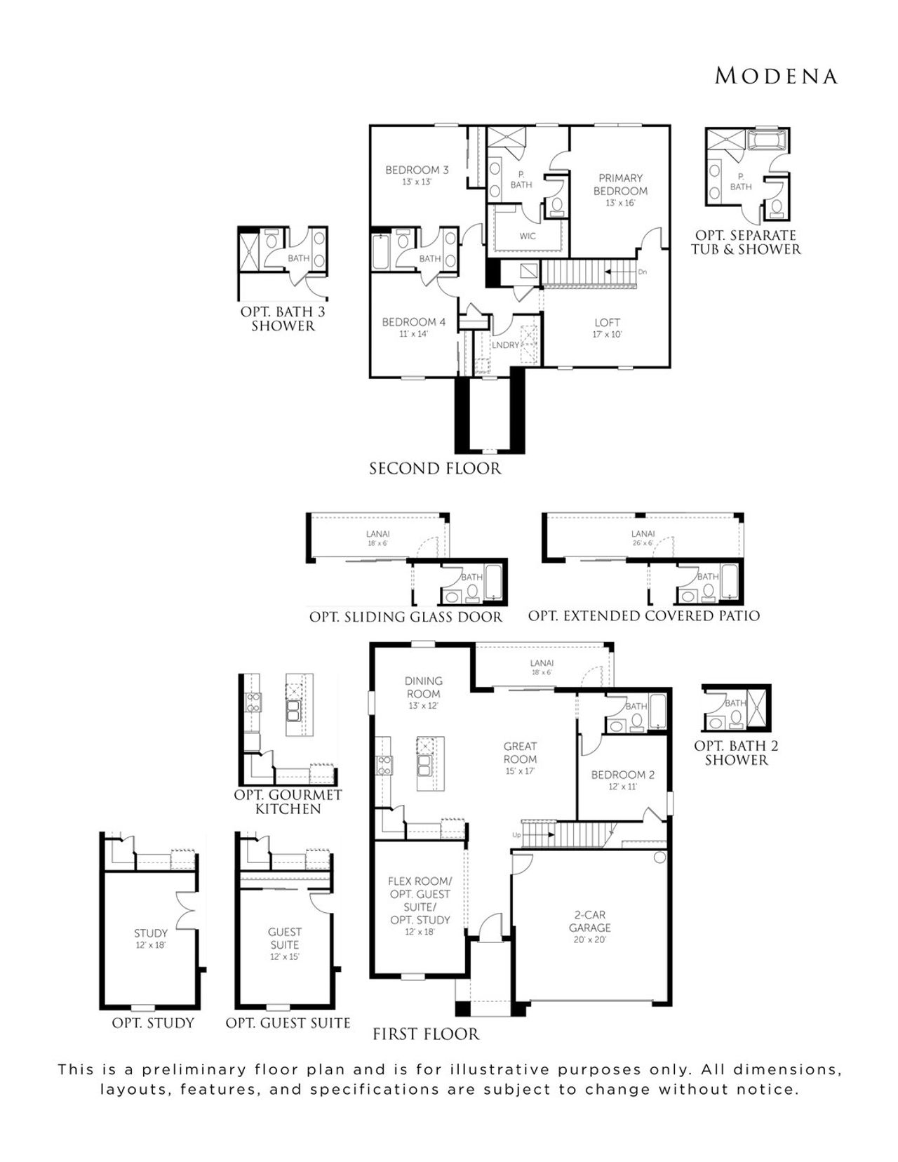 2D floor plan layout for the Modena - 18715 by Dream Finders Homes in Glynlea Country Club, Port St. Lucie, FL (Image 2).