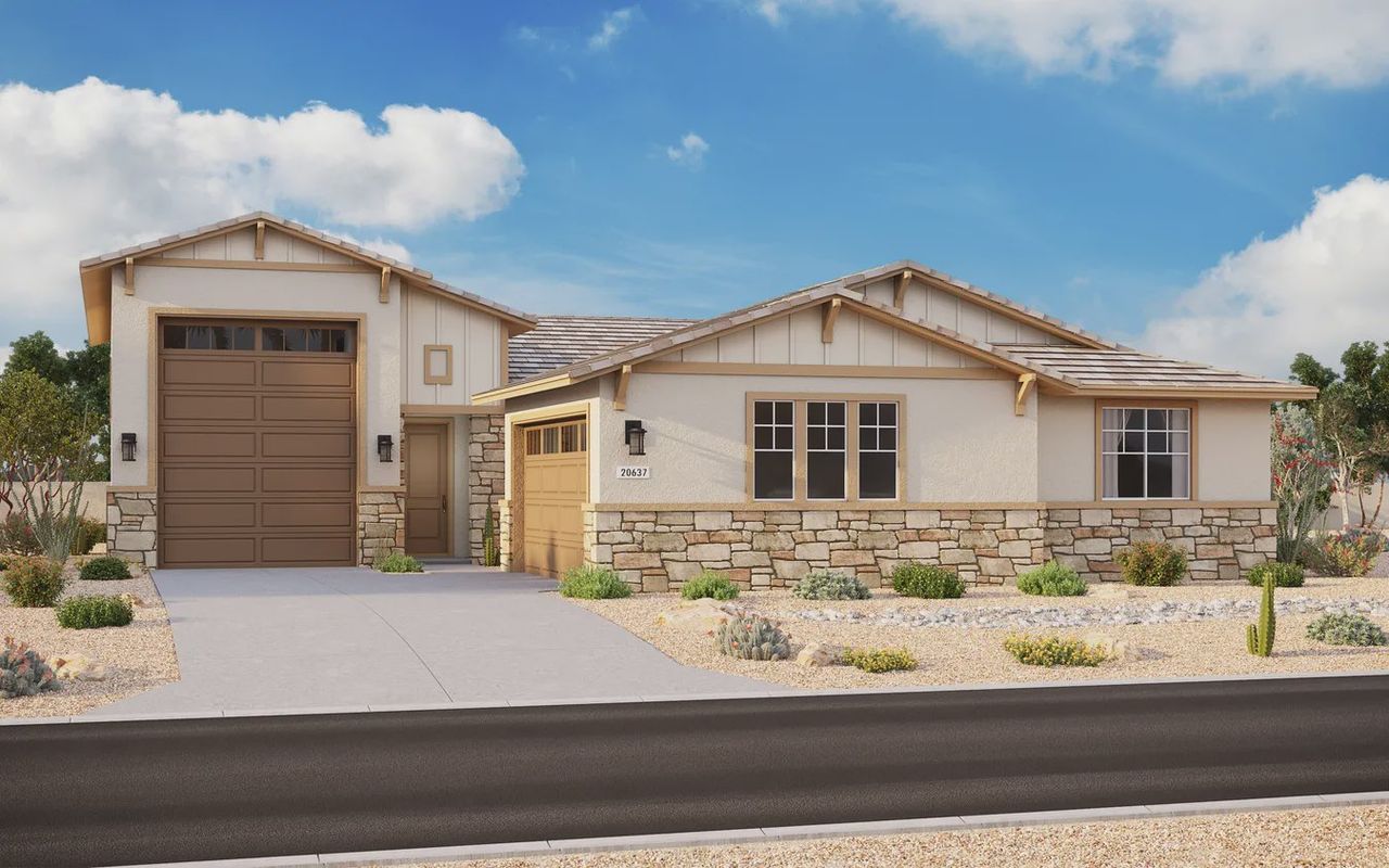 Front exterior of a new home in Las Barrancas, Yuma, AZ, highlighting curb appeal (Image 2). Front exterior of a new home in Las Barrancas, Yuma, AZ, highlighting curb appeal (Image 2).