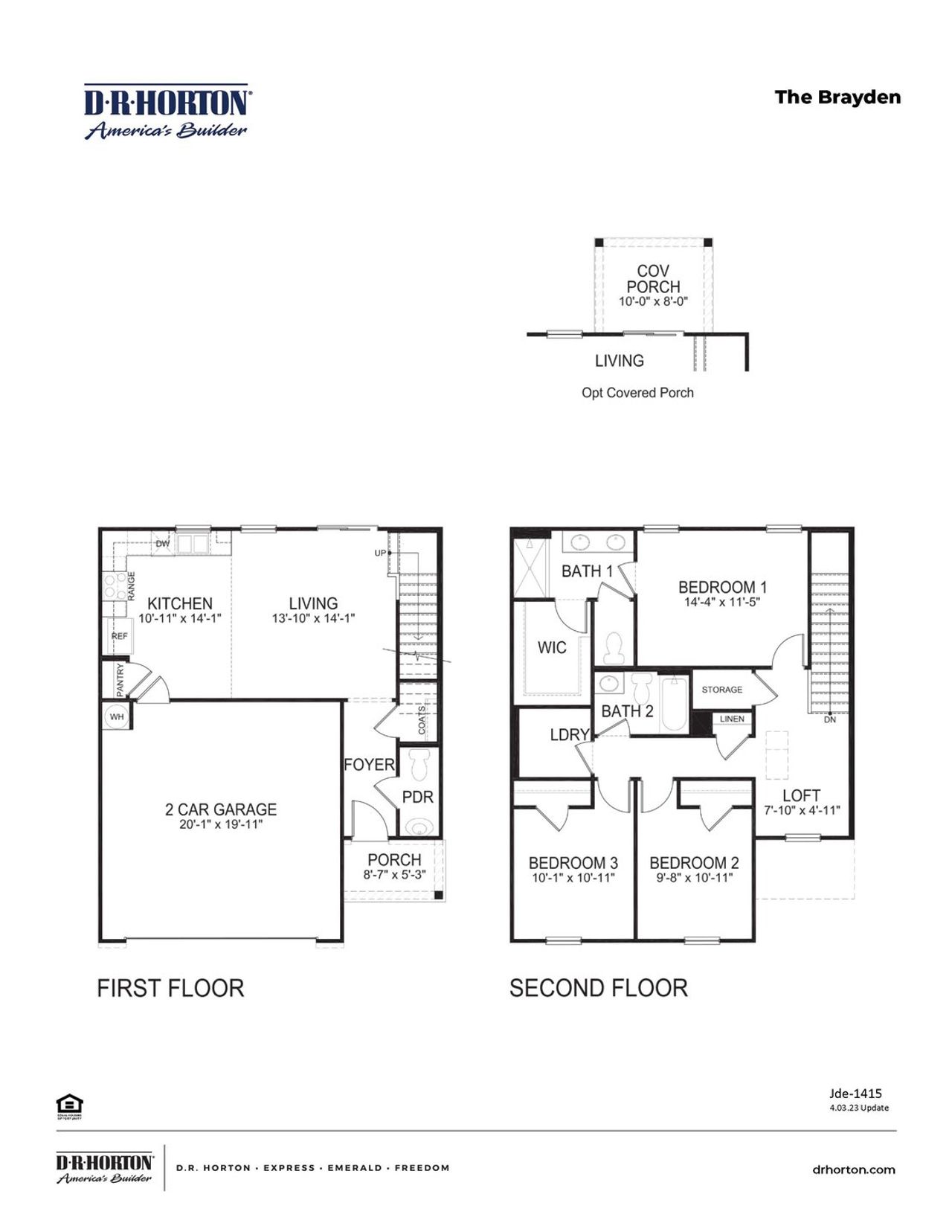2D floor plan layout for the BRAYDEN by D.R. Horton in Waterbridge, Myrtle Beach, SC (Image 2).