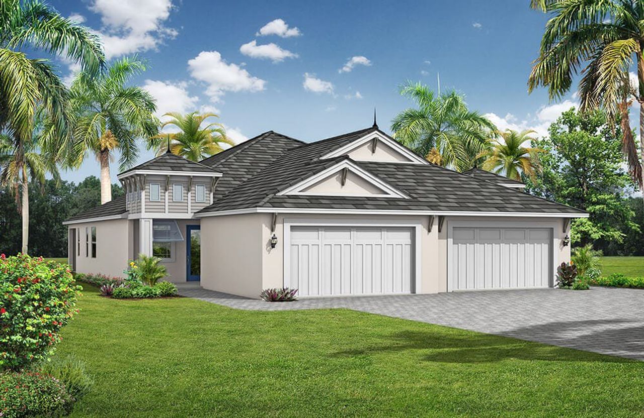 Representative exterior photo of a completed home built from the Boca Grande 2 by Medallion Home in Reflection Villas at Watercolor Place, Bradenton, FL (Image 2).