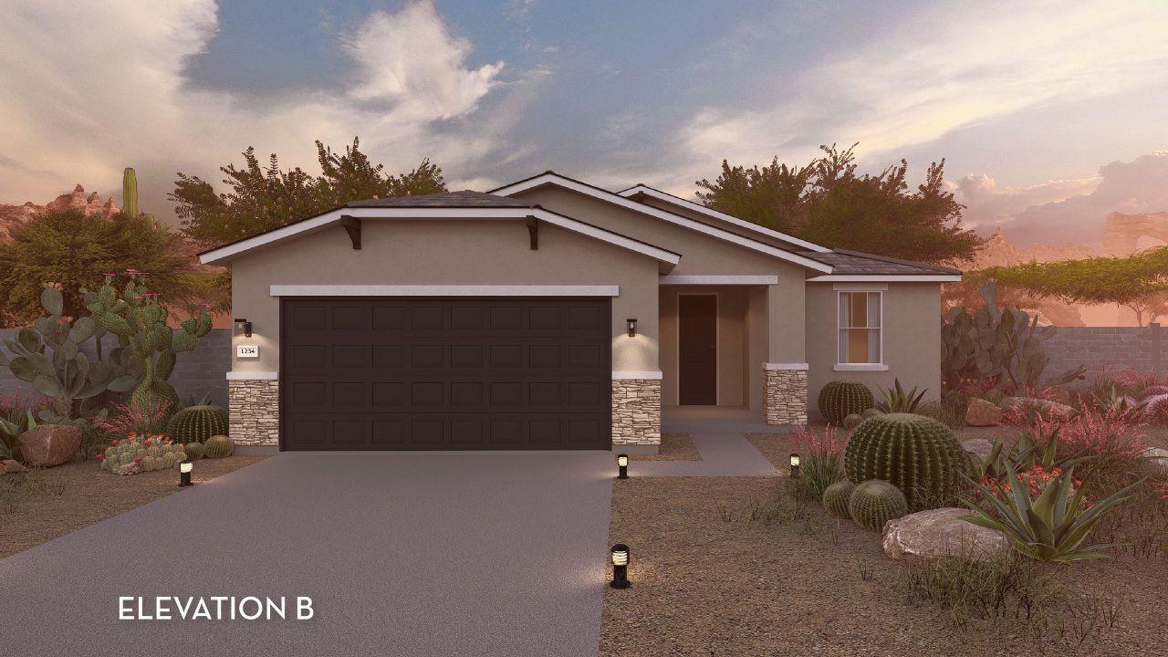 Front exterior of a new home in Rancho Santa Rosa, Maricopa, AZ, highlighting curb appeal (Image 2).