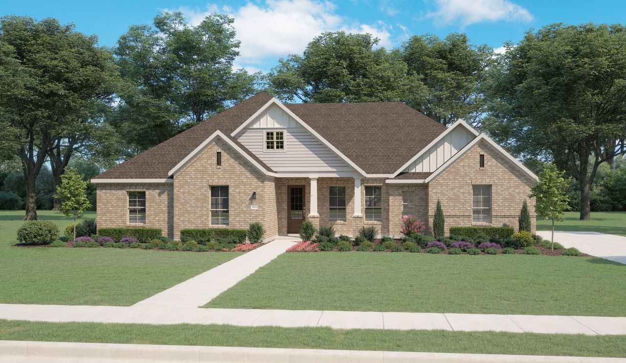 Front exterior of a new home in Ellis Ranch Estates, Waxahachie, TX, highlighting curb appeal (Image 2).