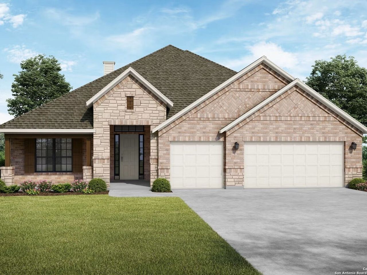 Front exterior of a new home in The Reserve at Potranco Oaks, Castroville, TX, highlighting curb appeal (Image 2).