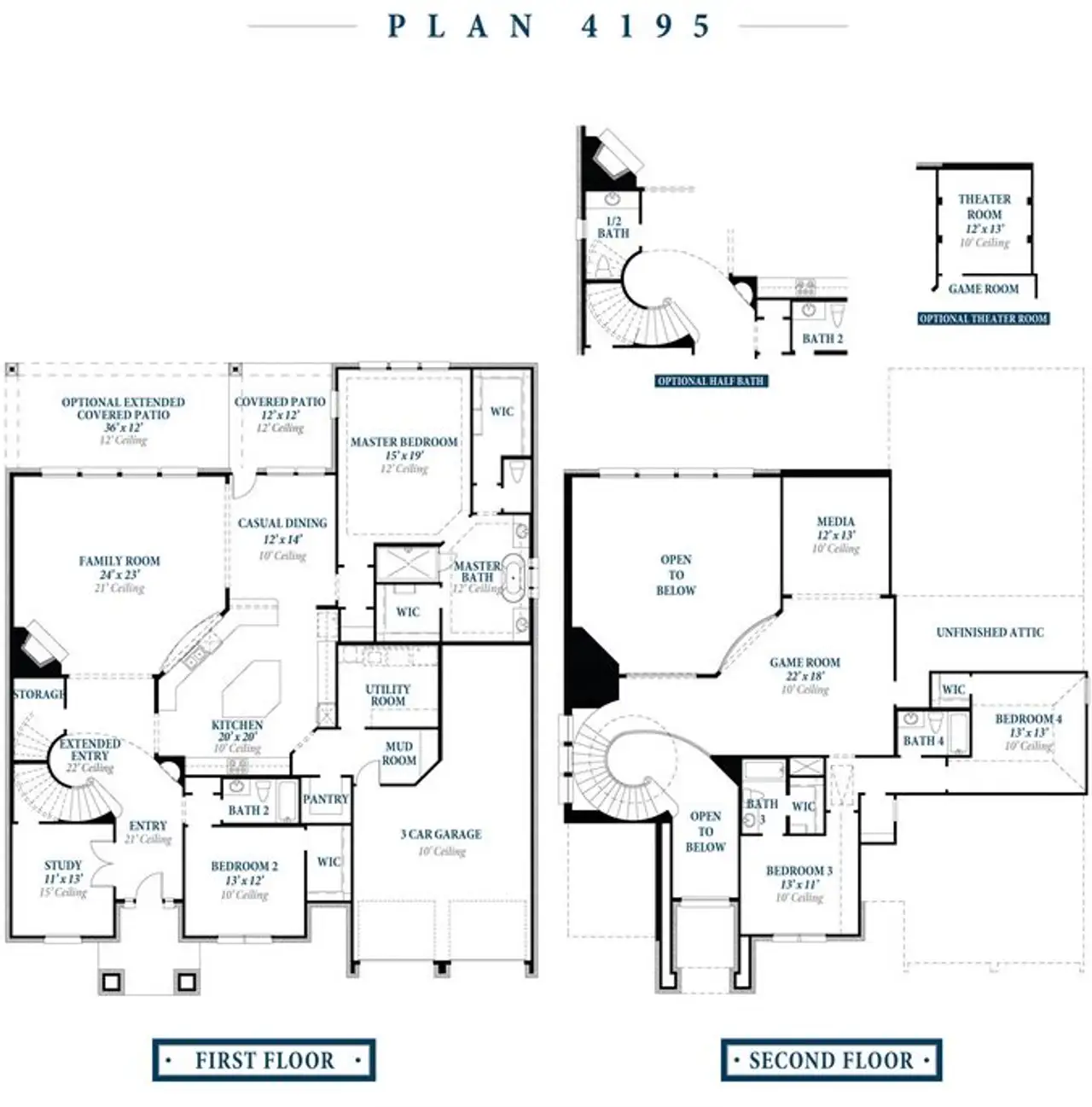2D floor plan layout for the 4195 by Ravenna Homes in The Woodlands Hills 65′, Willis, TX (Image 2).