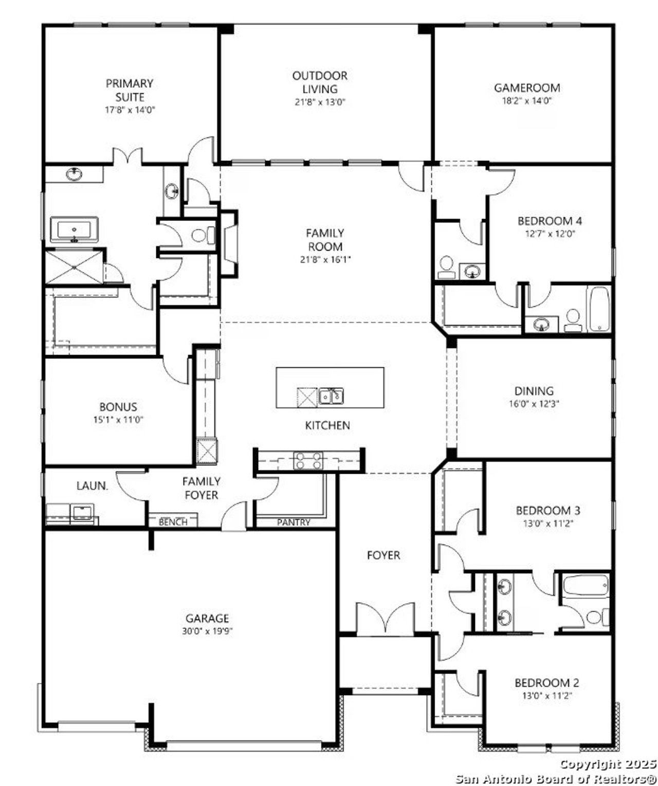 2D floor plan layout of this home in Kinder Ranch 70's, San Antonio, TX (Image 2).