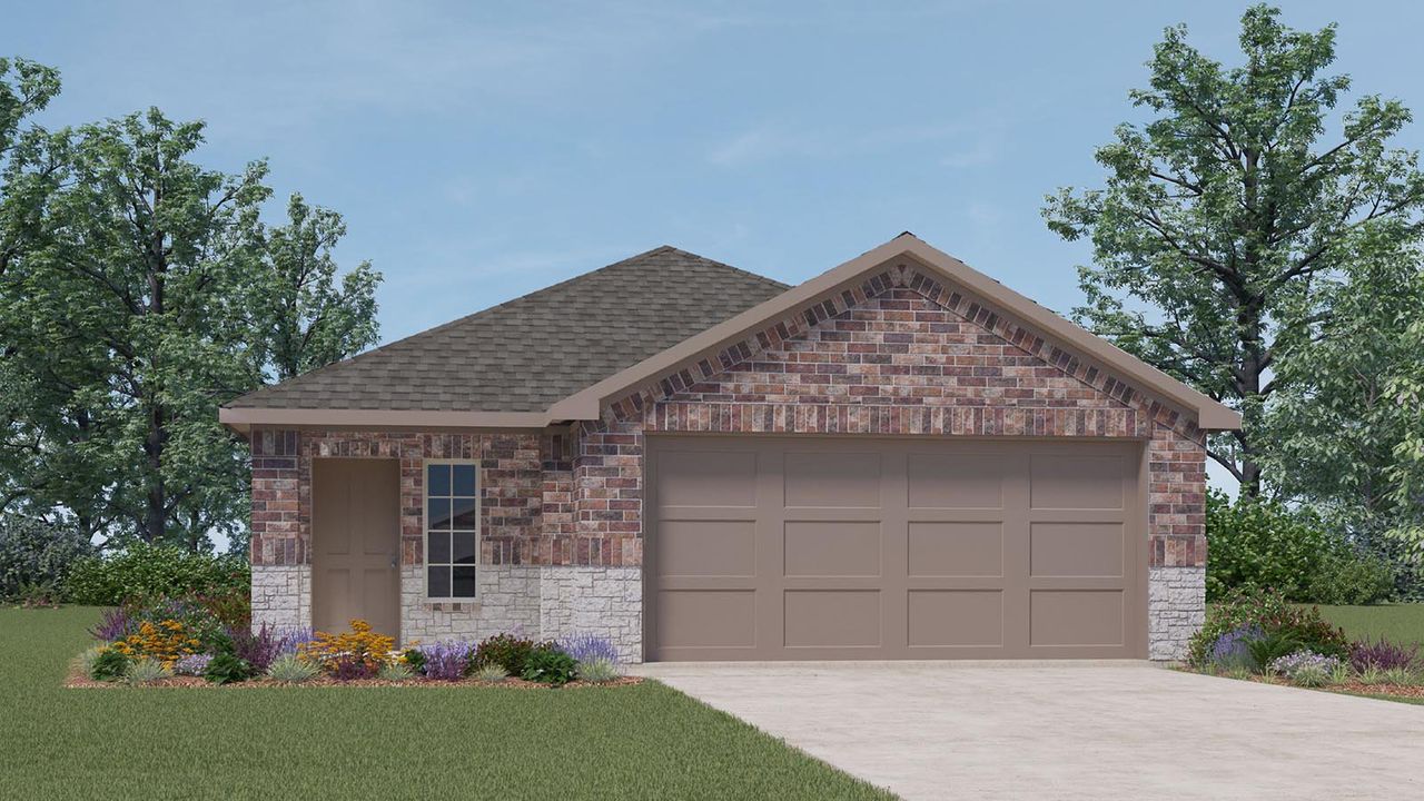 Front exterior of a new home in Lakes at Westland Ranch, League City, TX, highlighting curb appeal (Image 2).