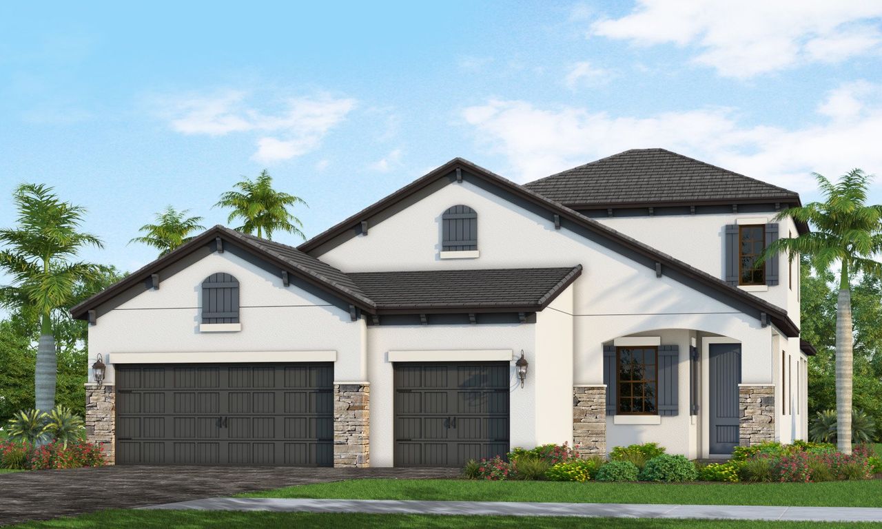 Front exterior of a new home in Vistera of Venice, Nokomis, FL, highlighting curb appeal (Image 2).