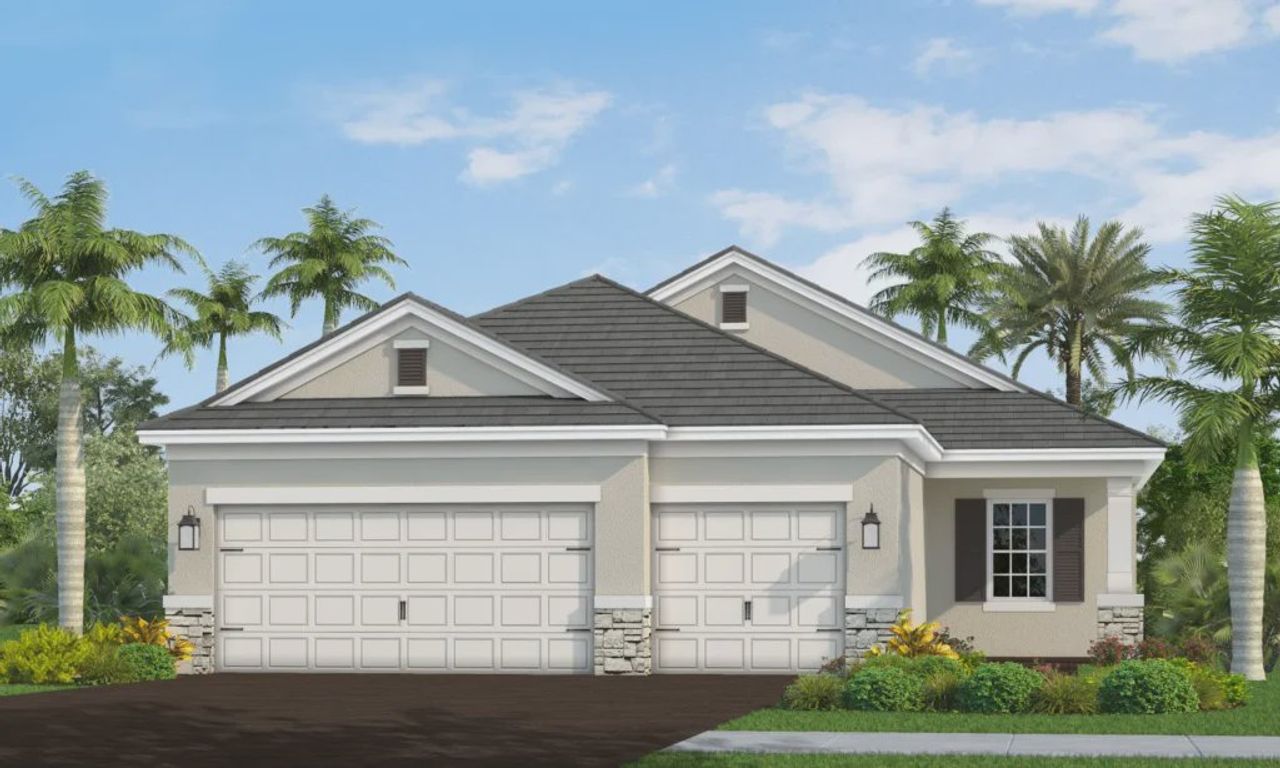 Front exterior of a new home in Boca Royale Golf and Country Club at Wellen Park, Englewood, FL, highlighting curb appeal (Image 2). Front exterior of a new home in Boca Royale Golf and Country Club at Wellen Park, Englewood, FL, highlighting curb appeal (Image 2).